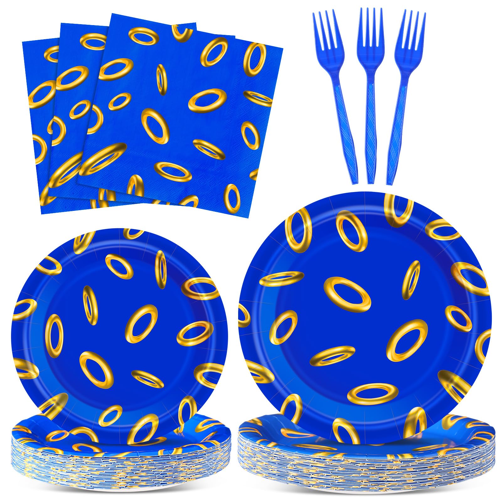 96 Pcs Blue with Gold Ring Plates and Napkins Video Games Party Supplies Cartoon Tinsel Themed Disposable Tableware Set for 24 Guests Birthday Party