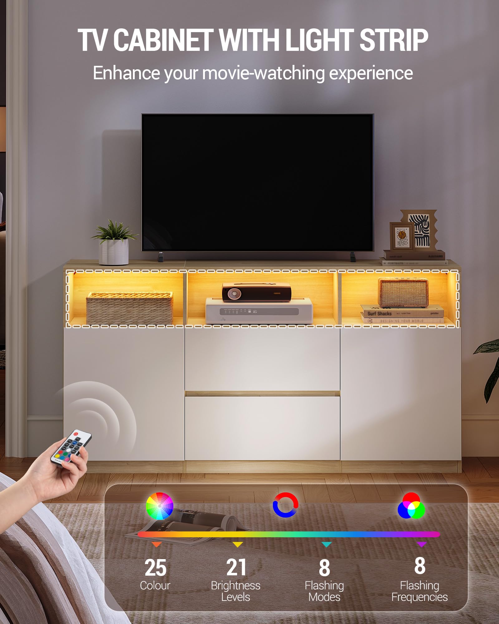 Hzuaneri Mobile TV, Luci LED, 147 x 40 x 76 cm Rovere e Bianco | 3 Scomparti Aperti, Tavolino Porta TV fino a 65 Pollici, con 2 Cassetti, 2 Gabinetto, Soggiorno, Camera da Letto, TV17031XEU