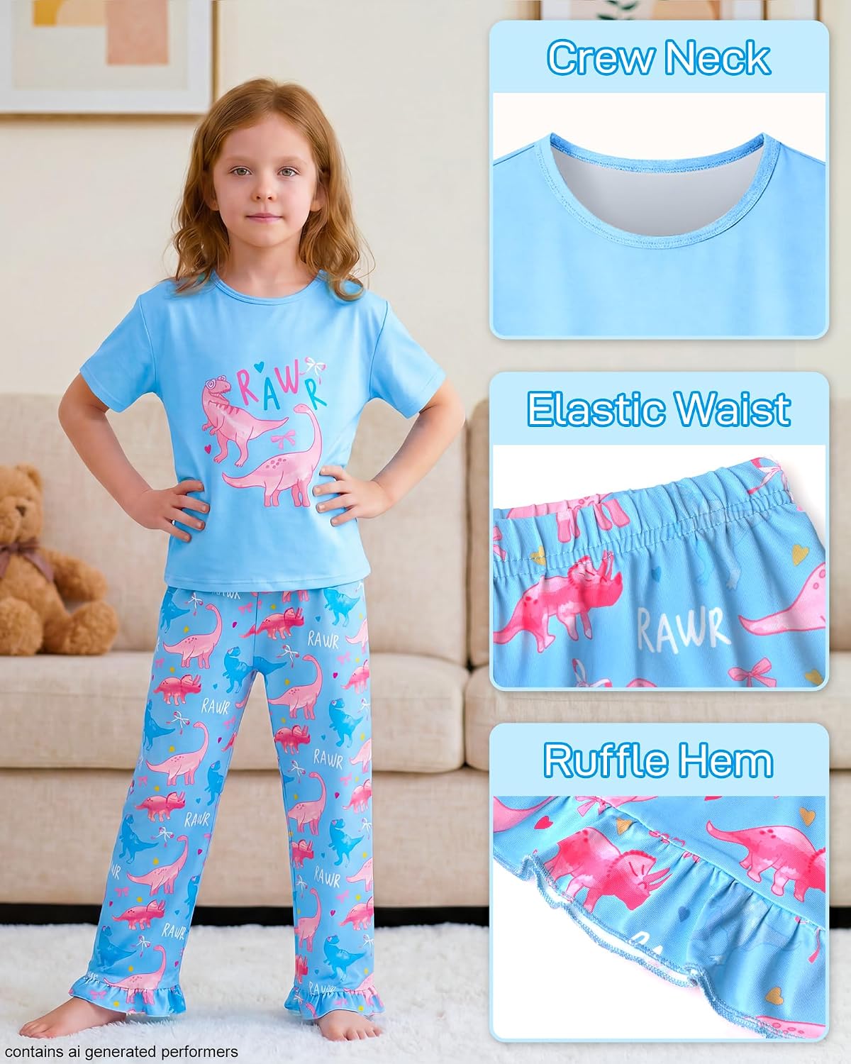 Girls Pajamas Short Sleeve Pants Pjs Set Toddler Kids Cute Soft Sleepwear Loungewear Size 3-10