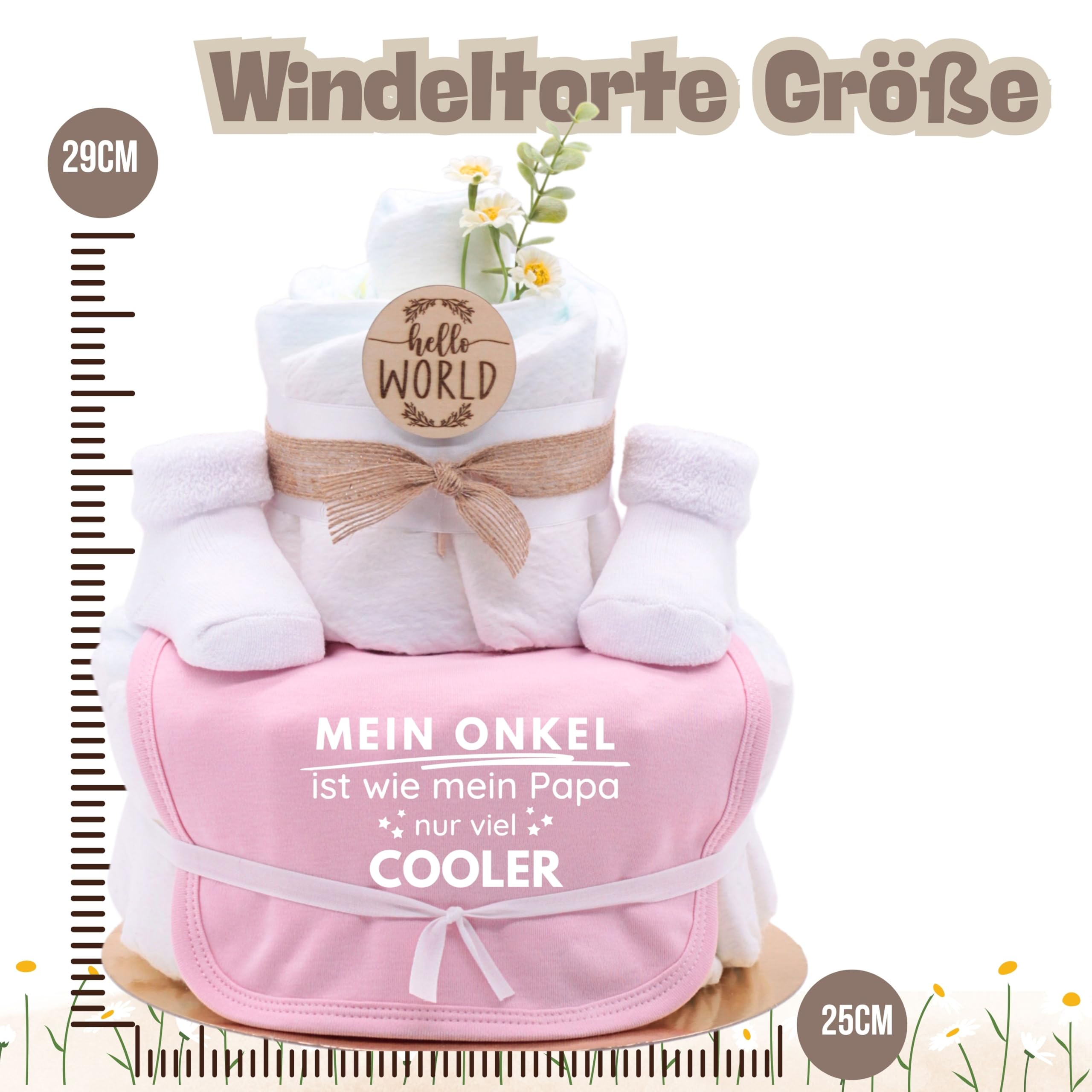 Trend Mama | Windeltorte | rosa | Spruch wählbar | 27 Windeln (Größe 2), Baby Lätzchen, Kuschelsocken |Geschenk Geburt (Design| Mein Onkel ist wie mein Papa nur viel cooler)