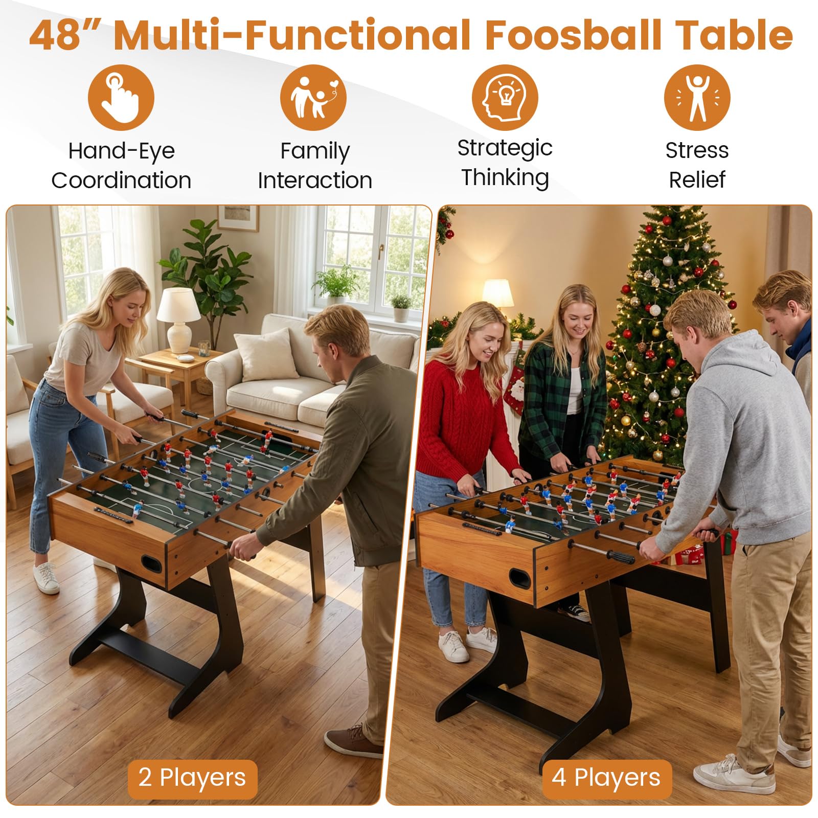 FANTASK Babyfoot Pliable en Bois avec 2 balles, 2 compteurs de Points et 22 Figurines, Table de Baby-Foot pour 2 à 4 Joueurs, Ballon de Baby-Foot Peu encombrant, Table de Jeu pour Enfants et Adultes