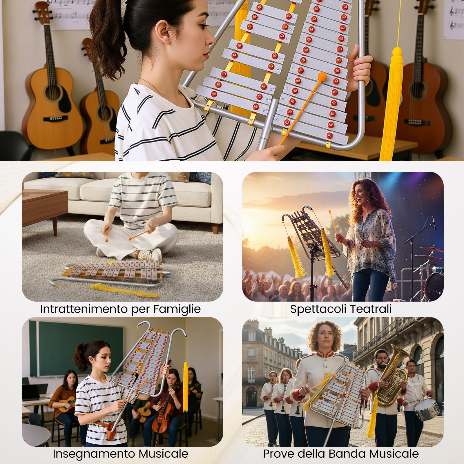 COSTWAY Glockenspiel a 29 Note, Xilofono da Marcia in Alluminio con Maniglia Regolabile, 2 Bacchette e Cinture, Set Strumento a Percussione Portabile per Adulti e Principianti