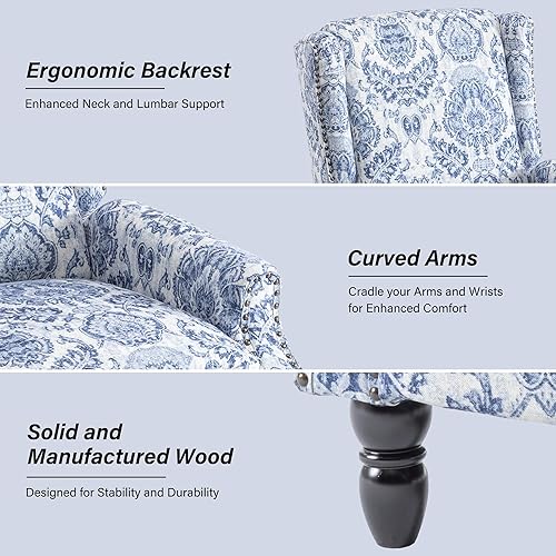 Miniatura 4 de Silla reclinable, sillón tapizado con respaldo floral con respaldo ajustable y reposapiés, cómoda silla decorativa para lectura, sofá individual