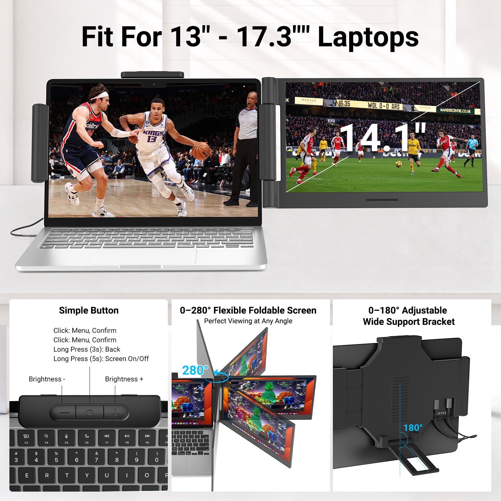 Laptop Screen Extender 14.1" 1080P IPS, Dual Screen Portable Monitor for Laptop 13-17.3", Plug & Play Monitor Extender with USB-C/HDMI, Travel Monitor for Work & Home Office Mac/Windows/Chrome/Android - 5