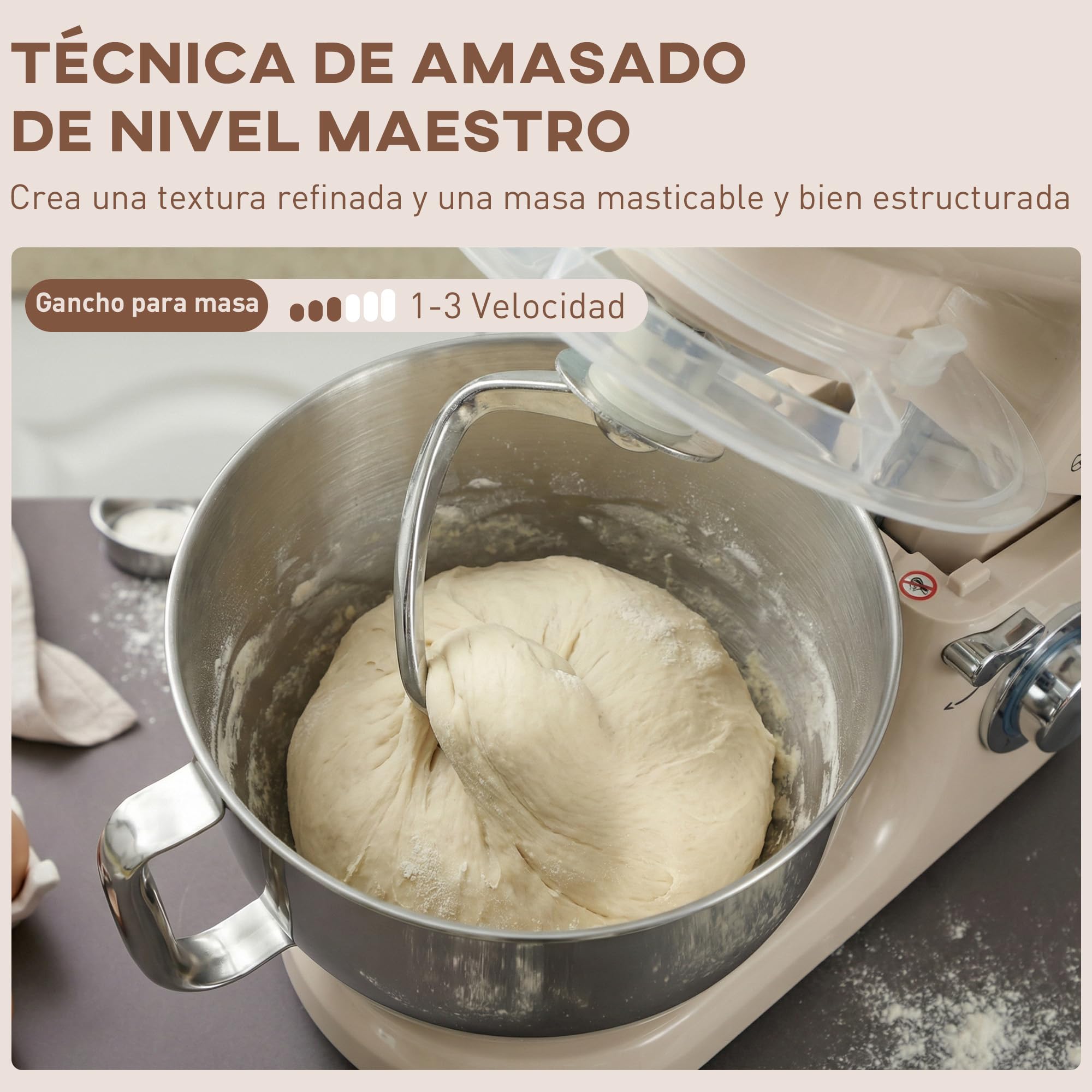 HOMCOM Batidora Amasadora 4,5L, Amasadora de Pan 1300W, Amasadora Repostería, 6 Velocidades, Bol de Acero Inoxidable, Batidor, Gancho, Varilla, Protector contra Salpicaduras, Beige