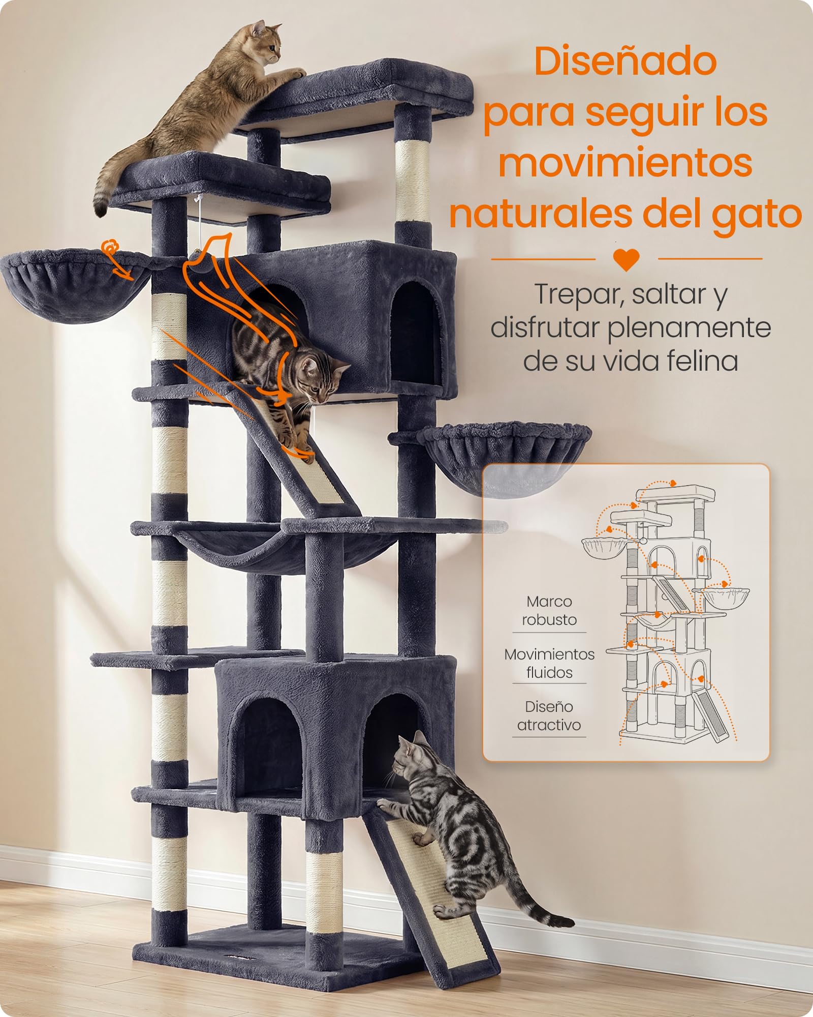 Feandrea Árbol para Gatos XXL, Torre con Postes de Sisal, Rascador para Varios Gatos Grandes, 7 Áreas de Descanso, 55 x 45 x 205 cm, Gris Oscuro, Colección Clawfy PCT021G201
