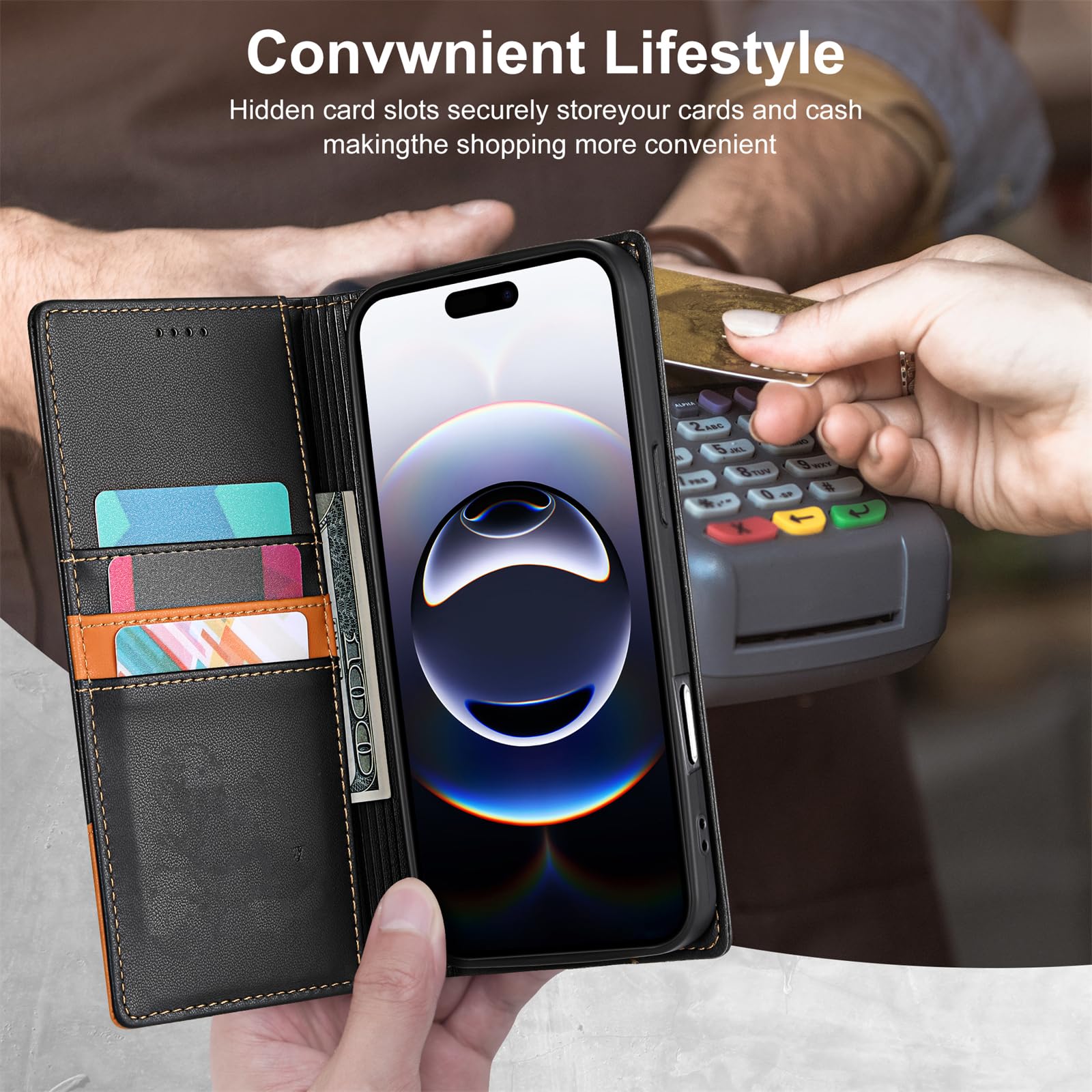 Custodia magnetica a libro in pelle di lusso con portafoglio e scomparto per carte per iPhone 16 (per iPhone 16/Nero)