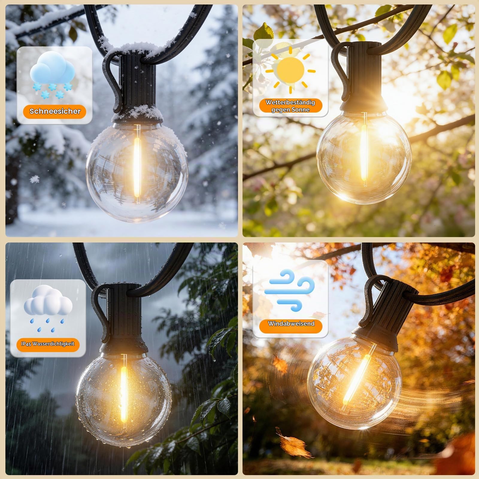 Lichterkette Außen Strom, 50m G40 Glühbirnen Outdoor Lichterkette, Dimmbar und mit Zeitschaltuhr Wetterfest Warmweiß Aussen Lichterkette für Garten Terrasse Balkon Hochzeiten Party,24V