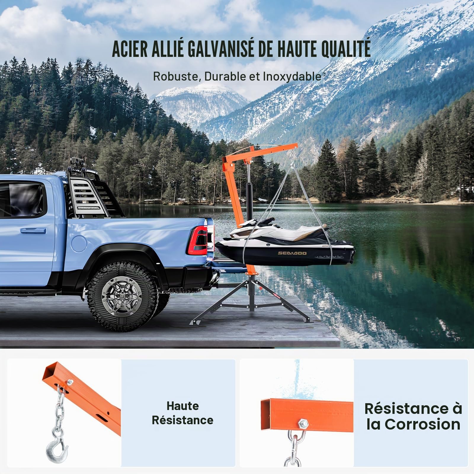 VEVOR Grue hydraulique pour camionnette, capacité de 450 kg, grue montée sur attelage avec 3 capacités de flèche de 227 kg, 340 kg, 450 kg, pour le levage de marchandises dans la construction, l'usine
