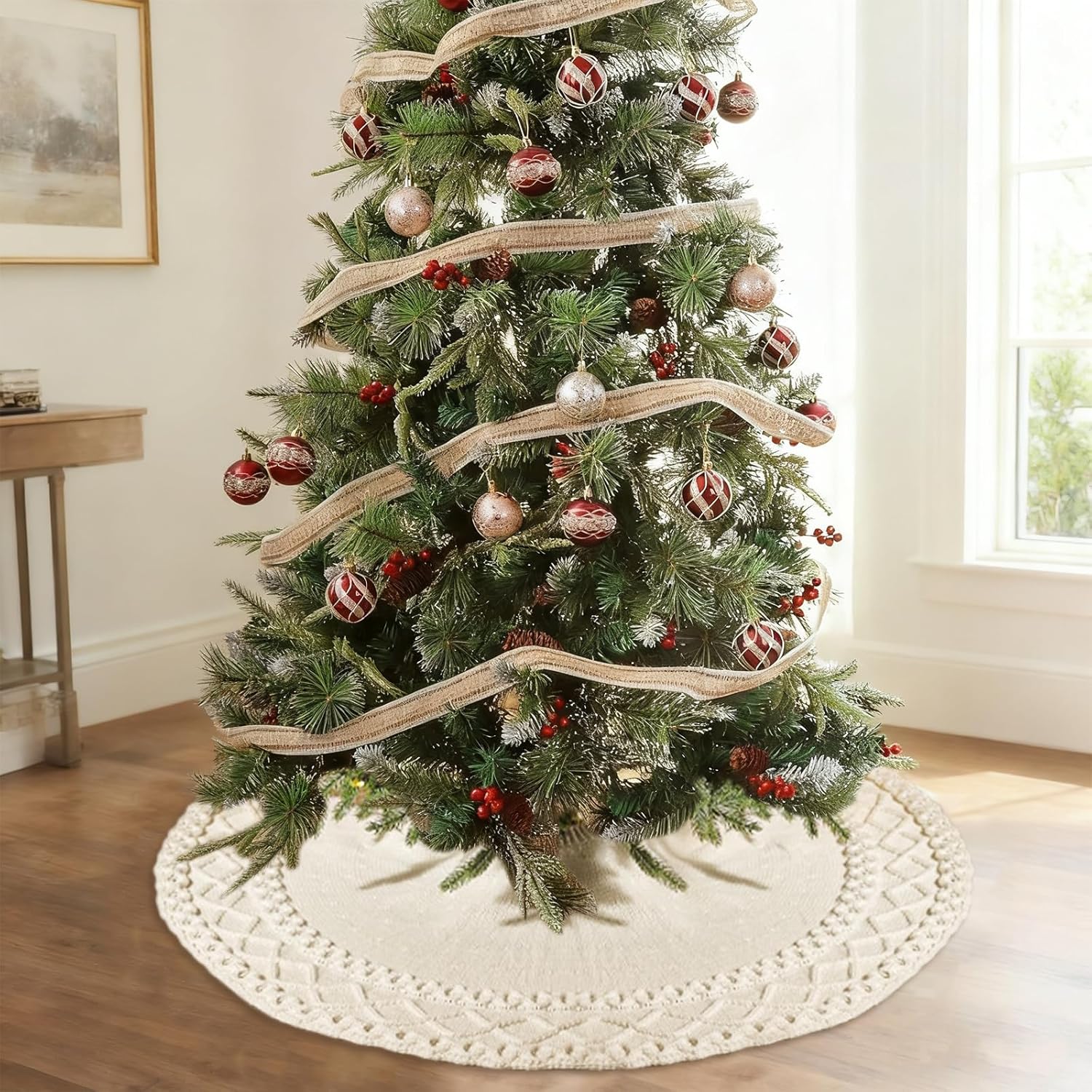 White Knit Tree Skirt, 48 Inch Cream Knit Christmas Tree Skirt Ivory Cable Knit Farmhouse Rustic Christmas Tree Skirt with Storage Bag Xmas Holiday Home Party Decorations