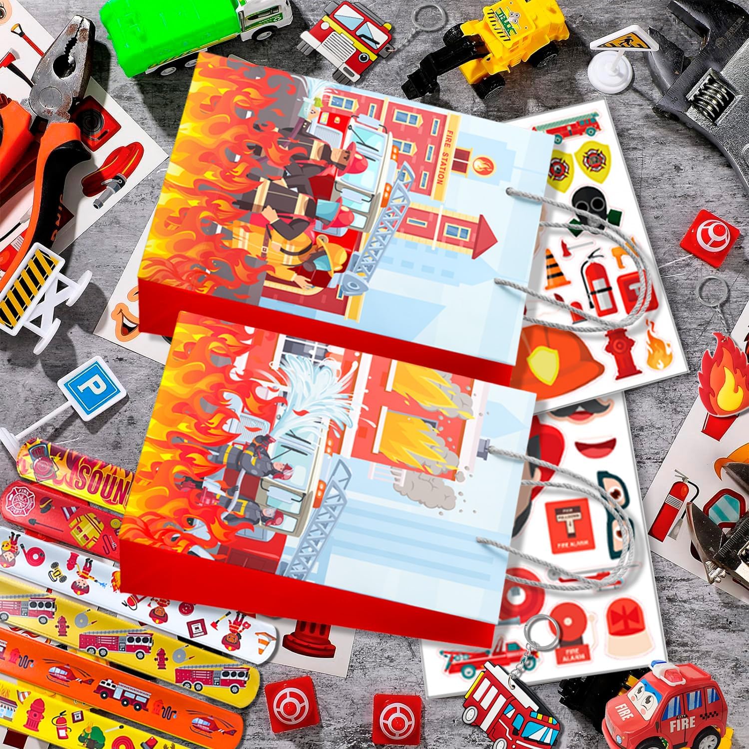 Firefighter Birthday Party Favors Kit, 72pcs Fire Truck Party Favors Set Firefighter Party Stickers Bracelets Keychains etc for Fire Truck Birthday Party Decorations Supplies - Image 6