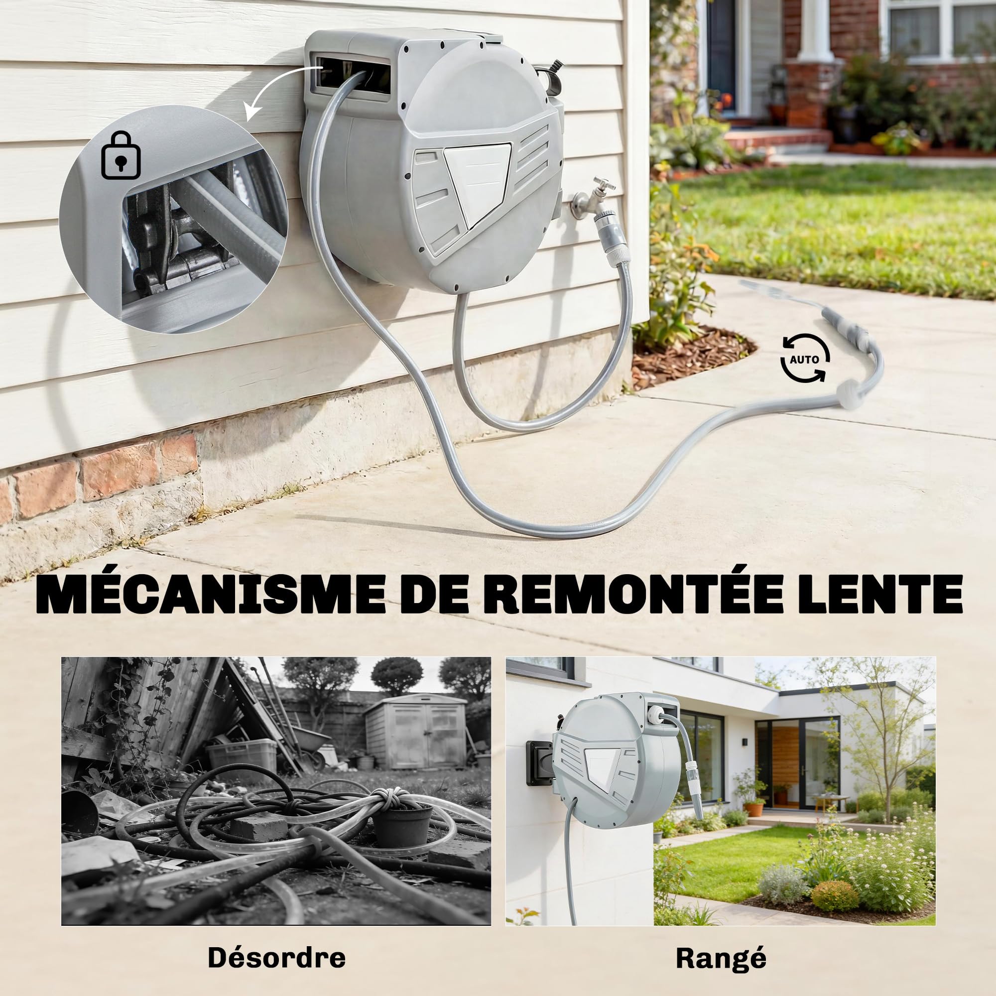 Outsunny carrete manguera retráctil jardín 1/2" x 66ft montaje pared