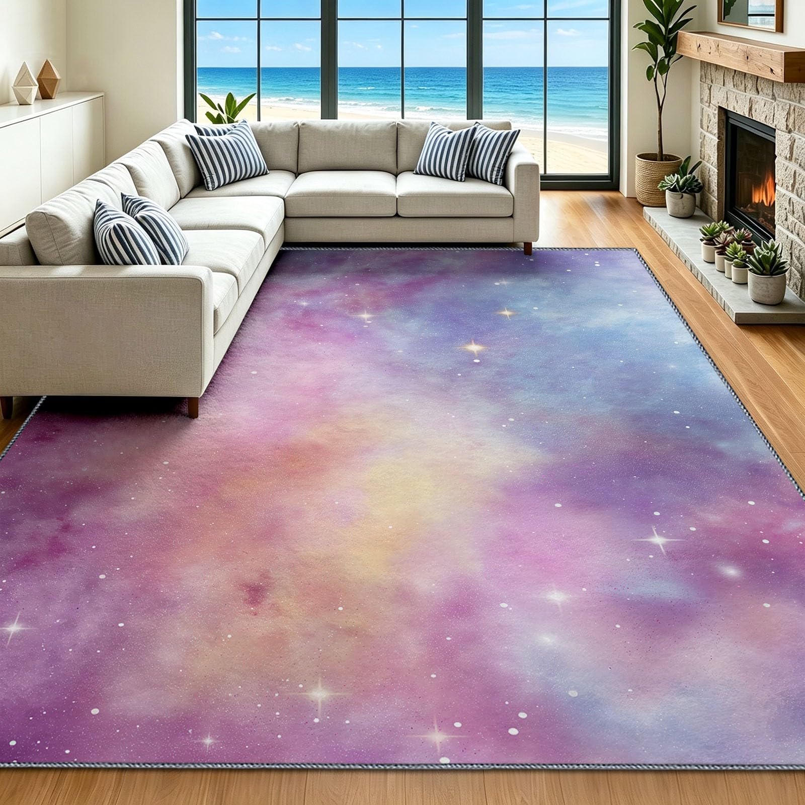 Tapis salon violet 150x210 cm lavable motif ciel étoilé pour une chambre d'enfant