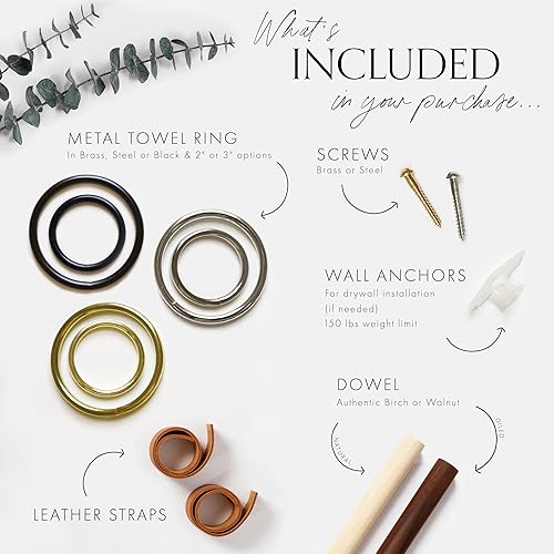 Miniatura 4 de Bathroom Fixture Kit includes leather & wood Toilet Paper Roll Holder, Bath Towel Rail, leather & brass hanging Hand Towel Ring hook with gold