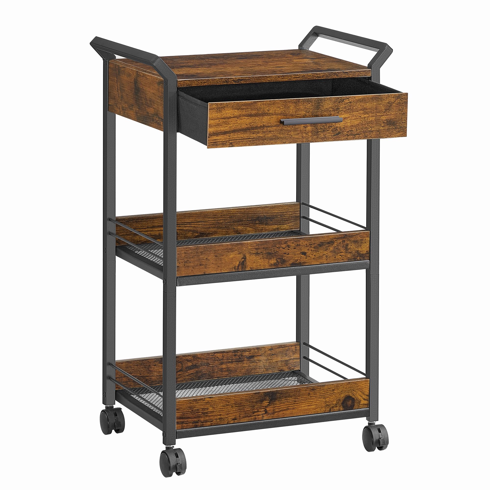 VASAGLE Storage Trolley 3 Tier Serving Trolley with Wheels, Particle Board with Brake, Drawer, Shelves for Kitchen, Bathroom, Bedroom, Vintage Brown and Black Ink LRC048K01-picture-10