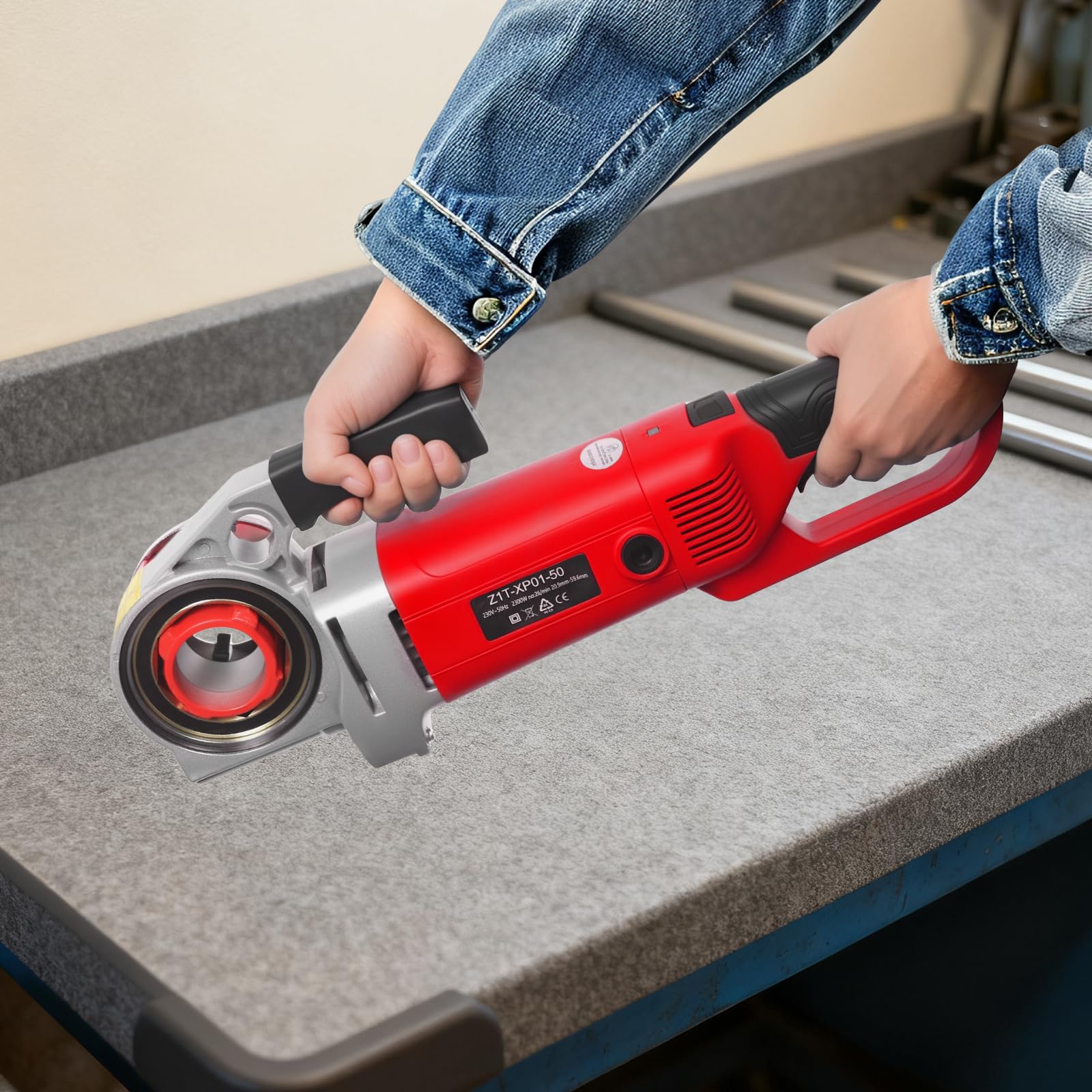 Taraudeuse électrique, 2300 W, 230 V, avec mallette de rangement, 6 filières (2", 1-1/2", 1-1/4", 1", 3/4", 1/2"), taraud électrique (rouge)