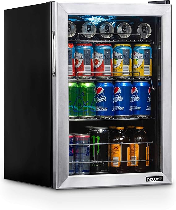 NewAir Beverage Refrigerator Cooler, 90 Can Capacity Fridge in Stainless Steel, Adjustable Shelves and Glass Door, Small Refrigerator, Beer or Soda Can Organizer, Mini Fridge for Bedroom, Home Office
