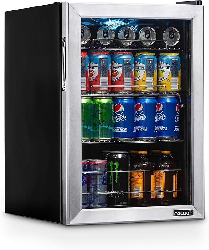 NewAir Beverage Refrigerator Cooler, 90 Can Capacity Fridge in Stainless Steel, Adjustable Shelves and Glass Door, Small Refrigerator, Beer or Soda Can Organizer, Mini Fridge for Bedroom, Home Office