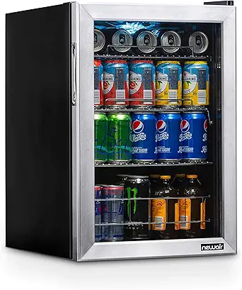 NewAir Beverage Refrigerator Cooler, 90 Can Capacity Fridge in Stainless Steel, Adjustable Shelves and Glass Door, Small Refrigerator, Beer or Soda Can Organizer, Mini Fridge for Bedroom, Home Office