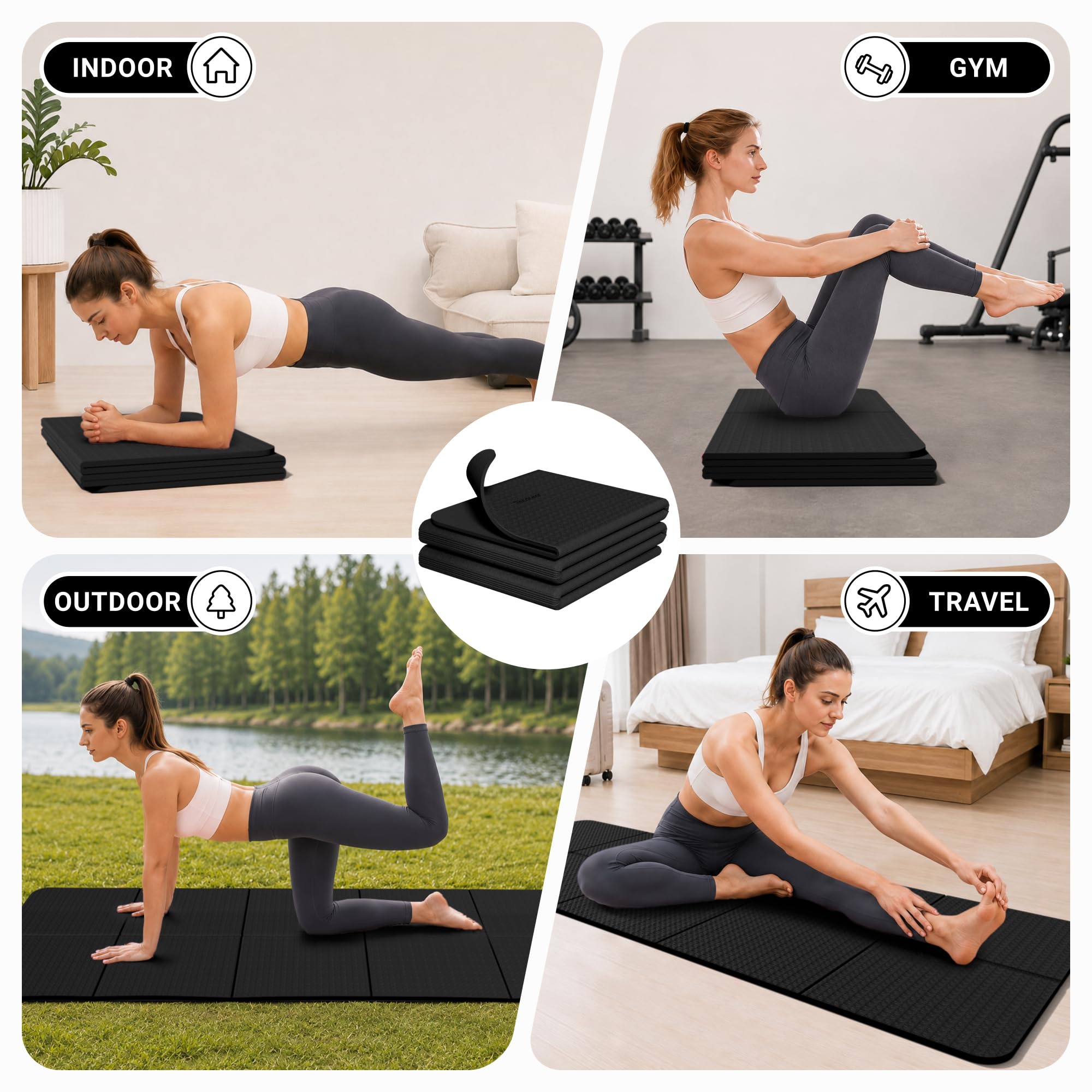 READAEER Tappetino da yoga pieghevole da viaggio, spessore 6 mm, con borsa per il trasporto, tappetino antiscivolo in TPE per esercizi pilates (nero)