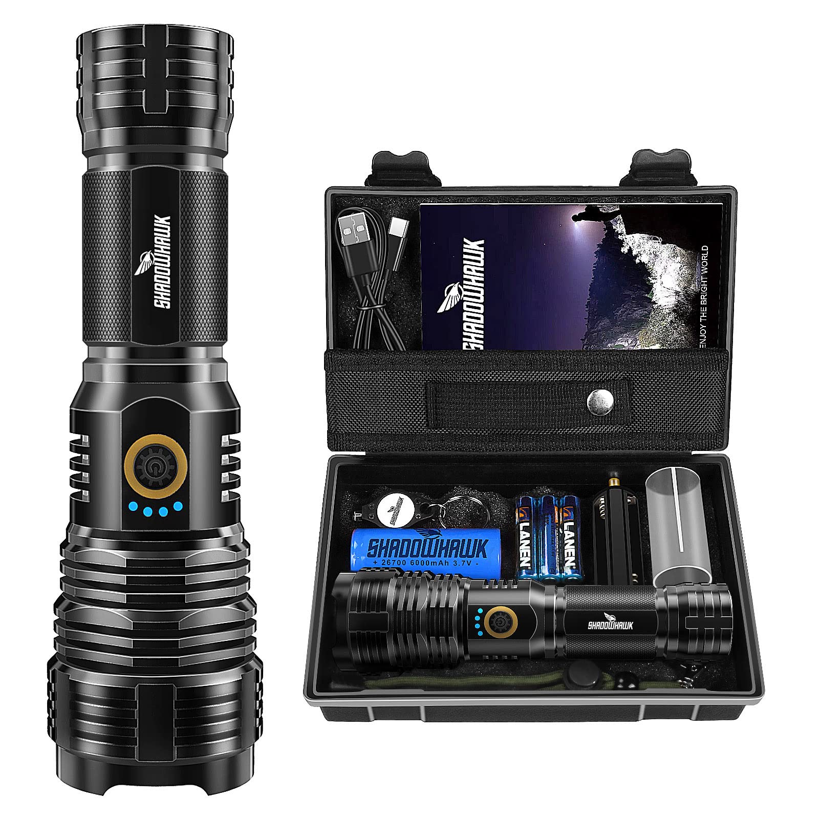 Shadowhawk Torcia LED Potente Professionale, Ricaricabile Torce Led Alta Potenza 10000 Lumen XHP70.2, Torcia Tattica Militare, IP67 Impermeabile, Zoomabile, Campeggio Emergenza Regalo (6000mAh) 2.0