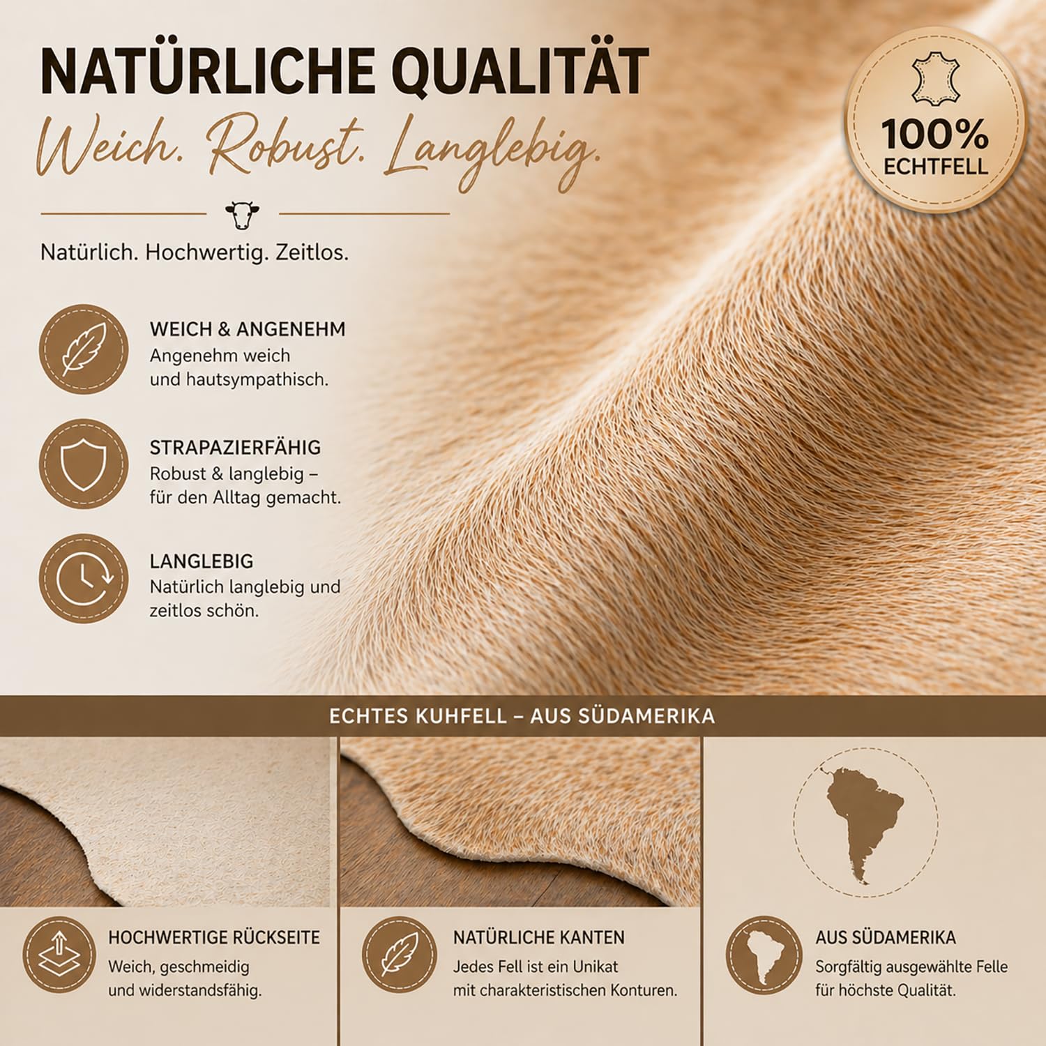 Tapis en Peau de Vache de qualité supérieure - Beige - Produit Naturel Unique en provenance d'Amérique du Sud - Peau de Vache véritable