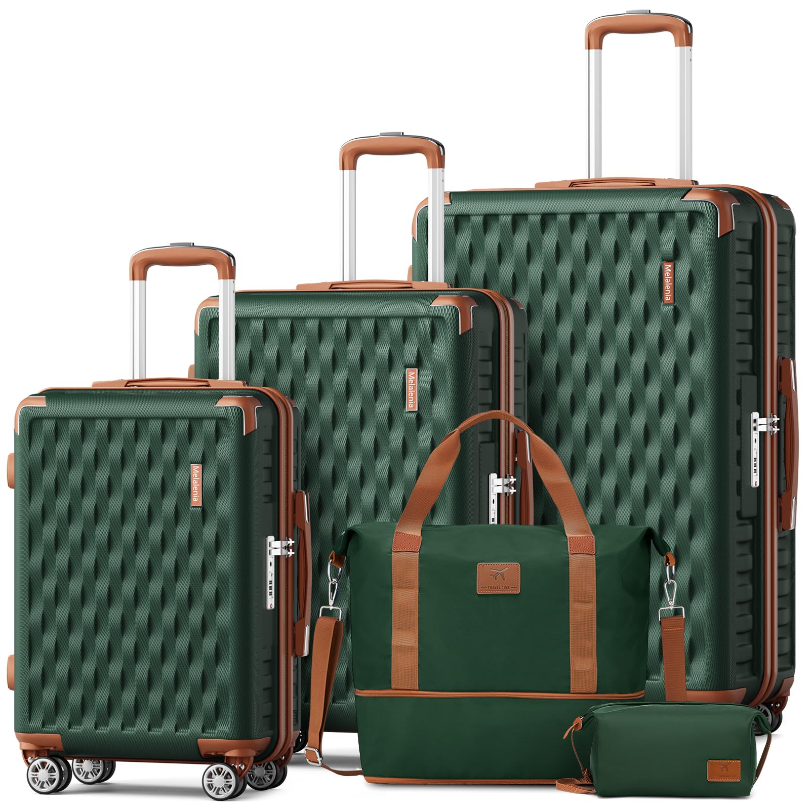 Melalenia Luggage Sets 5 Piece with Duffel Bag, Hard Shell Carry on Suitcase with Spinner Wheels and TSA Lock, Travel Lightweight Luggage Set for Women, Green Brown