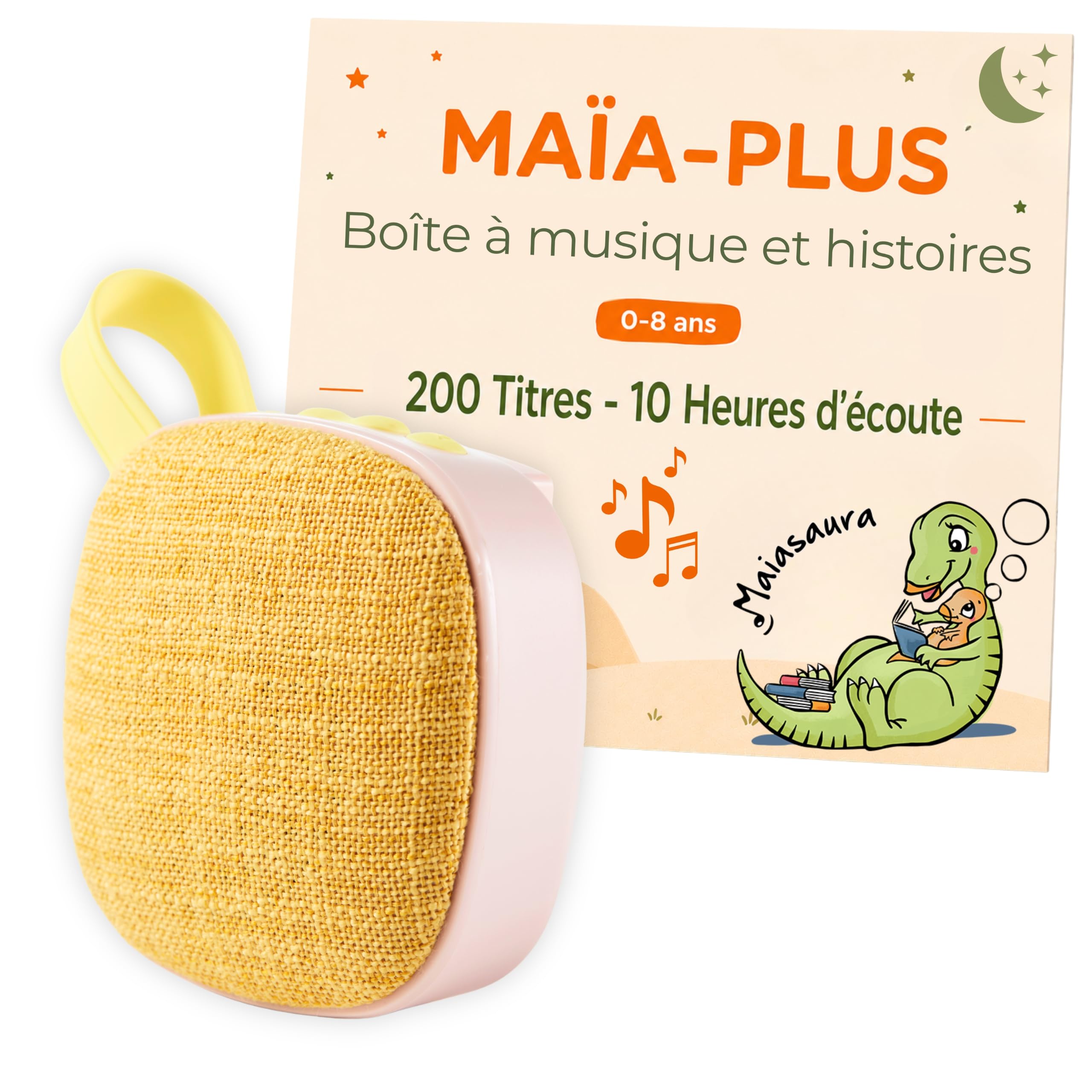 MAIASAURA - Caja de historias y música para niños con 200 títulos incluidos | 10 horas de contenido, graba su voz y contenido MP3, 10 horas de autonomía, sin ondas y sin pantallas, ligero