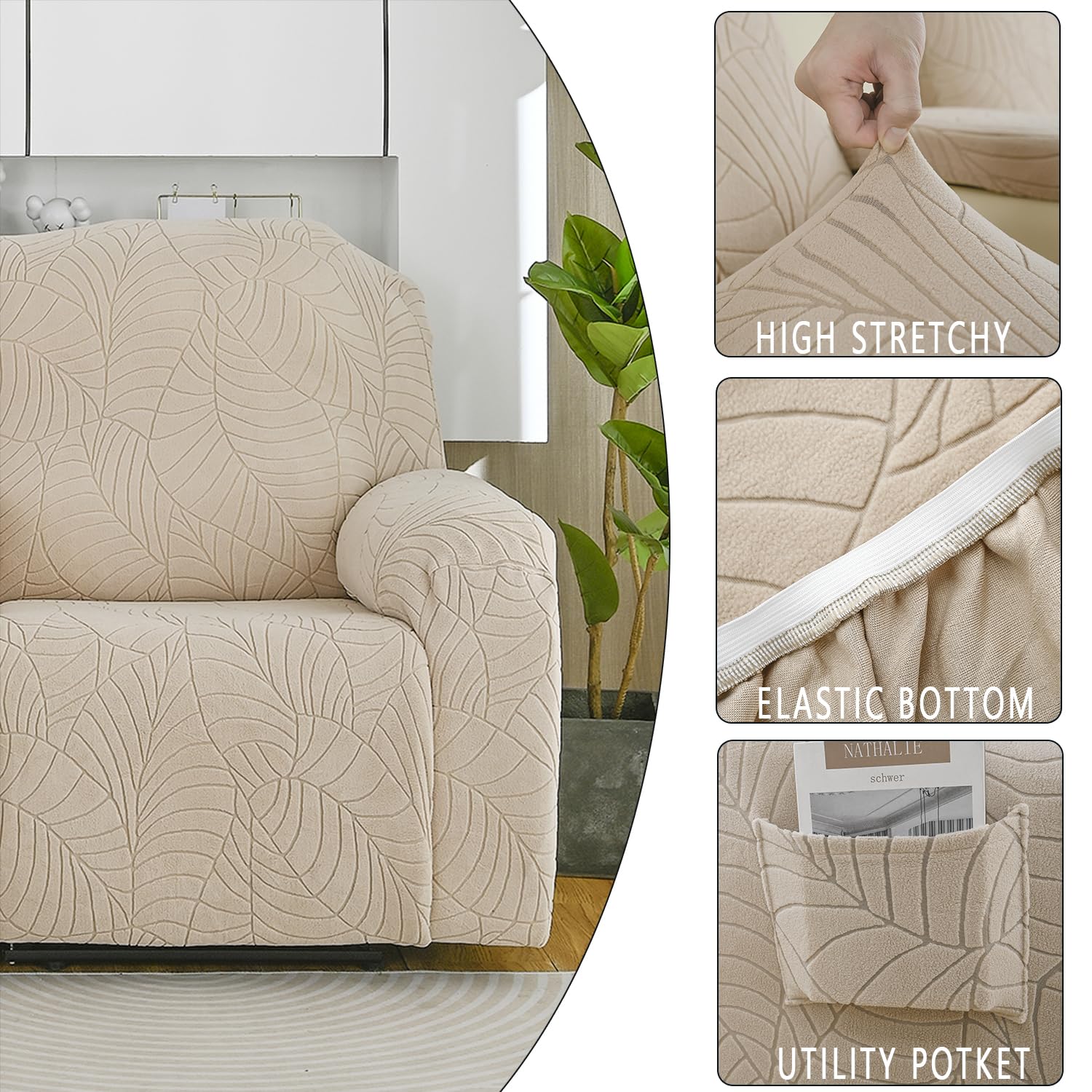 Coprisedia per poltrona reclinabile in jacquard elasticizzato, in spandex e poliestere, con tasca laterale elastica, copertura per poltrona reclinabile (sabbia, 1 posto)