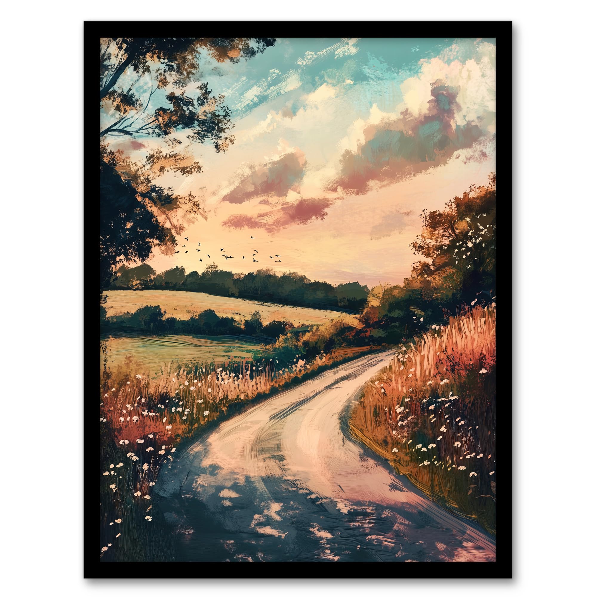 Artery8 The Road Home Kansas Countryside Autumn Painting Living Room Artwork Framed Wall Art Print A4