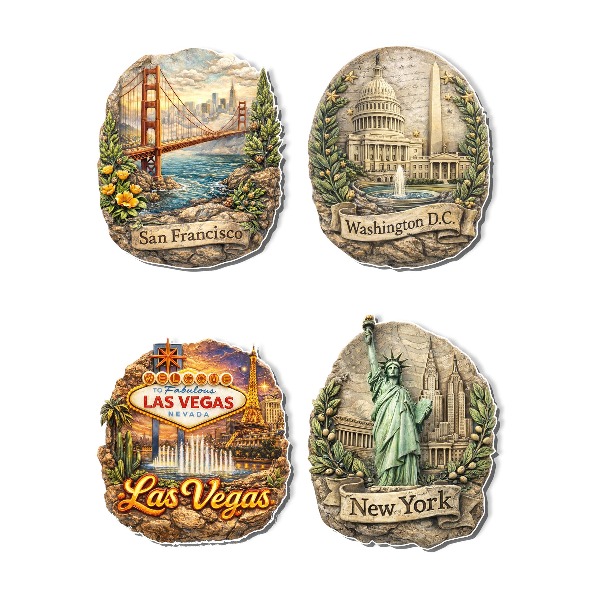Regalo Casila USA Vintage Fridge Magnet 4 Pc Set San Francisco New York Las Vegas Washington DC Stone Finish Souvenir Refrigerator Magnets Travel Collectible Gift-picture-16