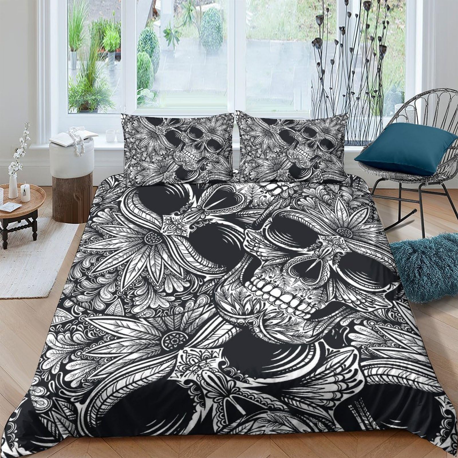 Ctjqhvkz Style-2 3D Printed Gothic Skull Fitted Sheet Microfiber Soft Breathable Floral Skeleton Bed Cover For Bedroom Guest Room Decor Single（135X200cm）