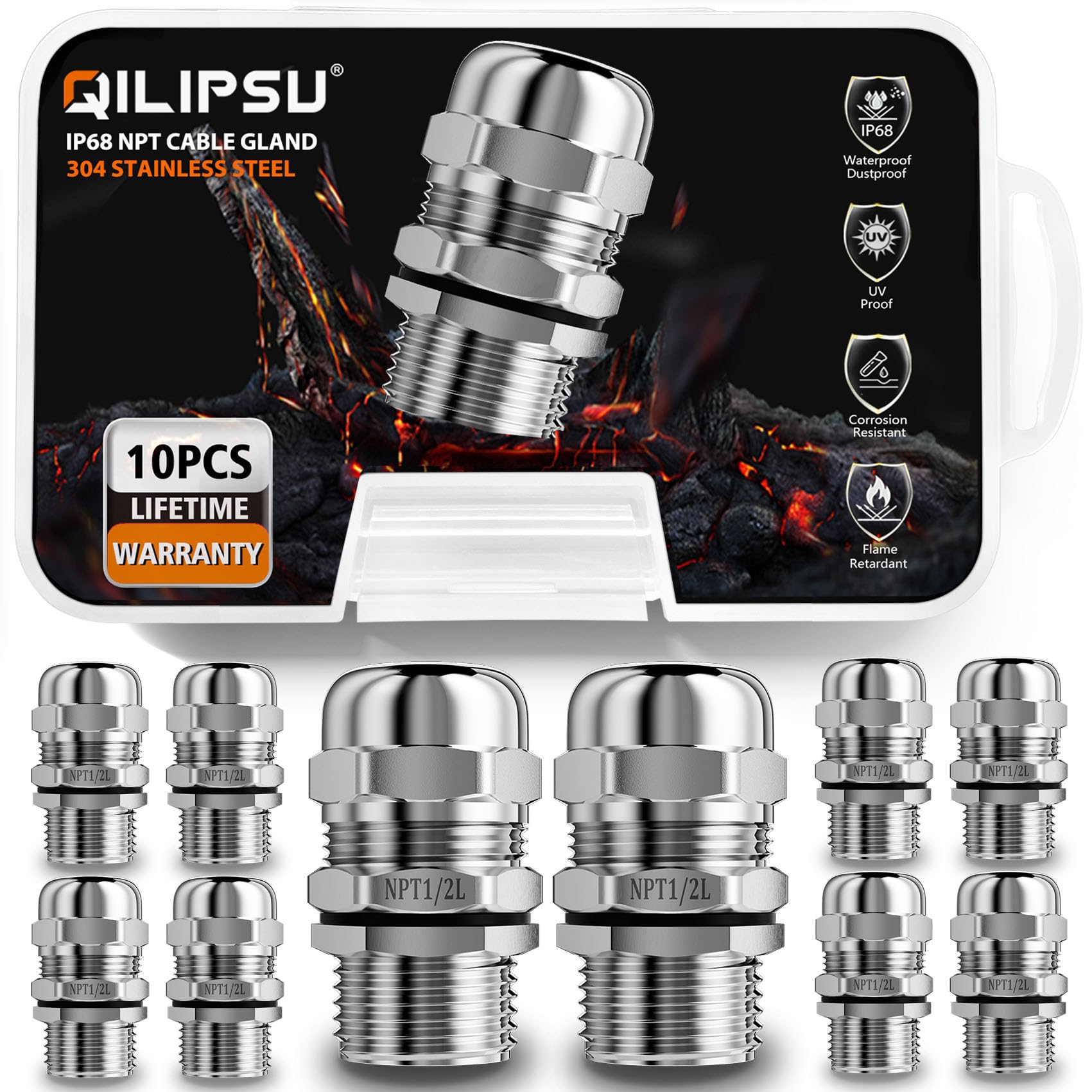 QILIPSU 10pcs 1/2" NPT 304 Stainless Steel Cable Gland Long Thread Waterproof IP68 Metal Strain Relief Cord Grip Cable Pass Through Wire Connector