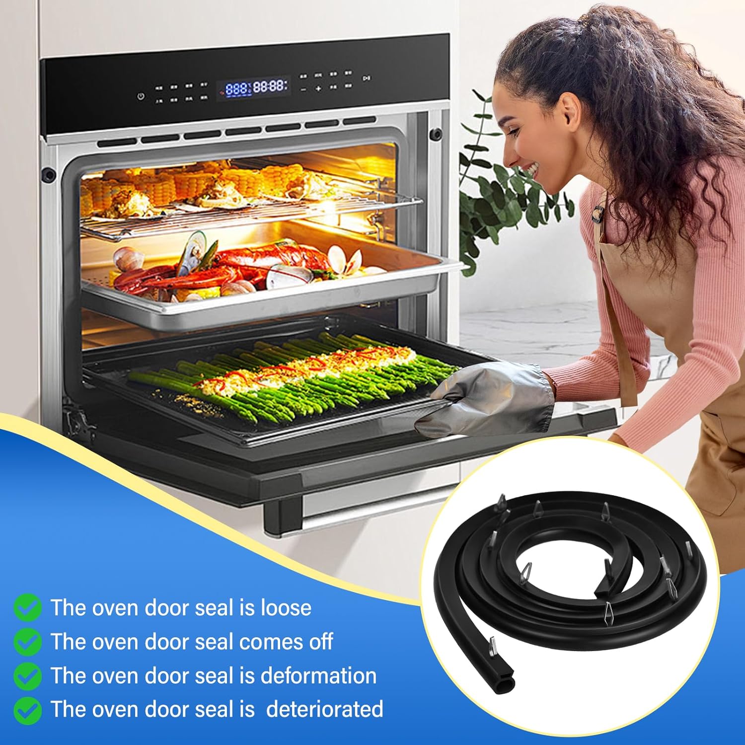 316239700 Range Oven Door Seal Gasket（L50.45 inchs）with 12 Mounting Clips Compatible with Frigidaire Kenmore Ovens FEF303BWA FEF303CWA, Replace 833130 AP2126661 AH440011 EA440011 PS440011