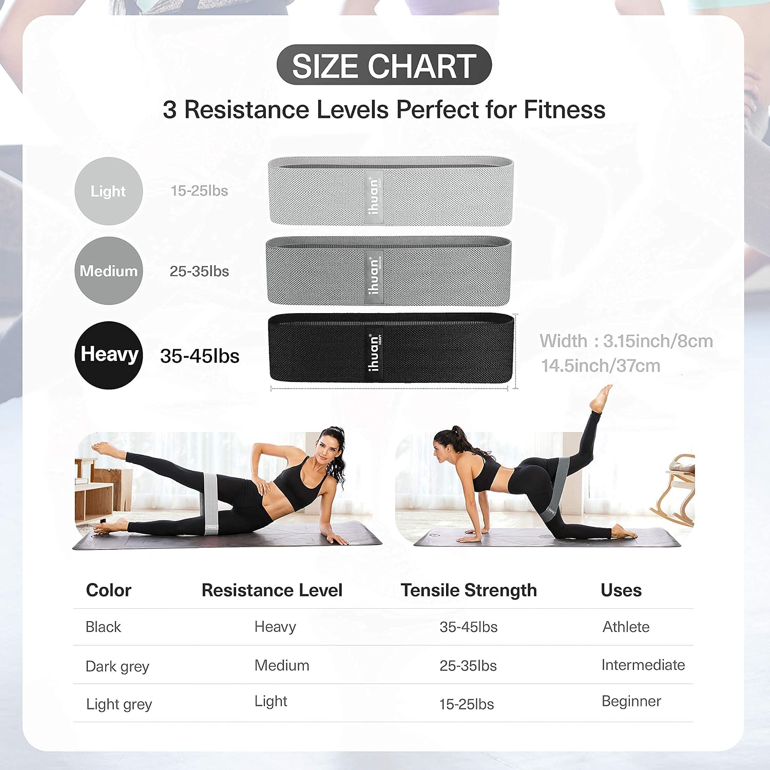 ihuan Resistance Bands for Legs and Butt, 3 Levels Exercise Band, Anti-Slip & Roll Elastic Workout Booty Bands for Women Squat Glute Hip Training