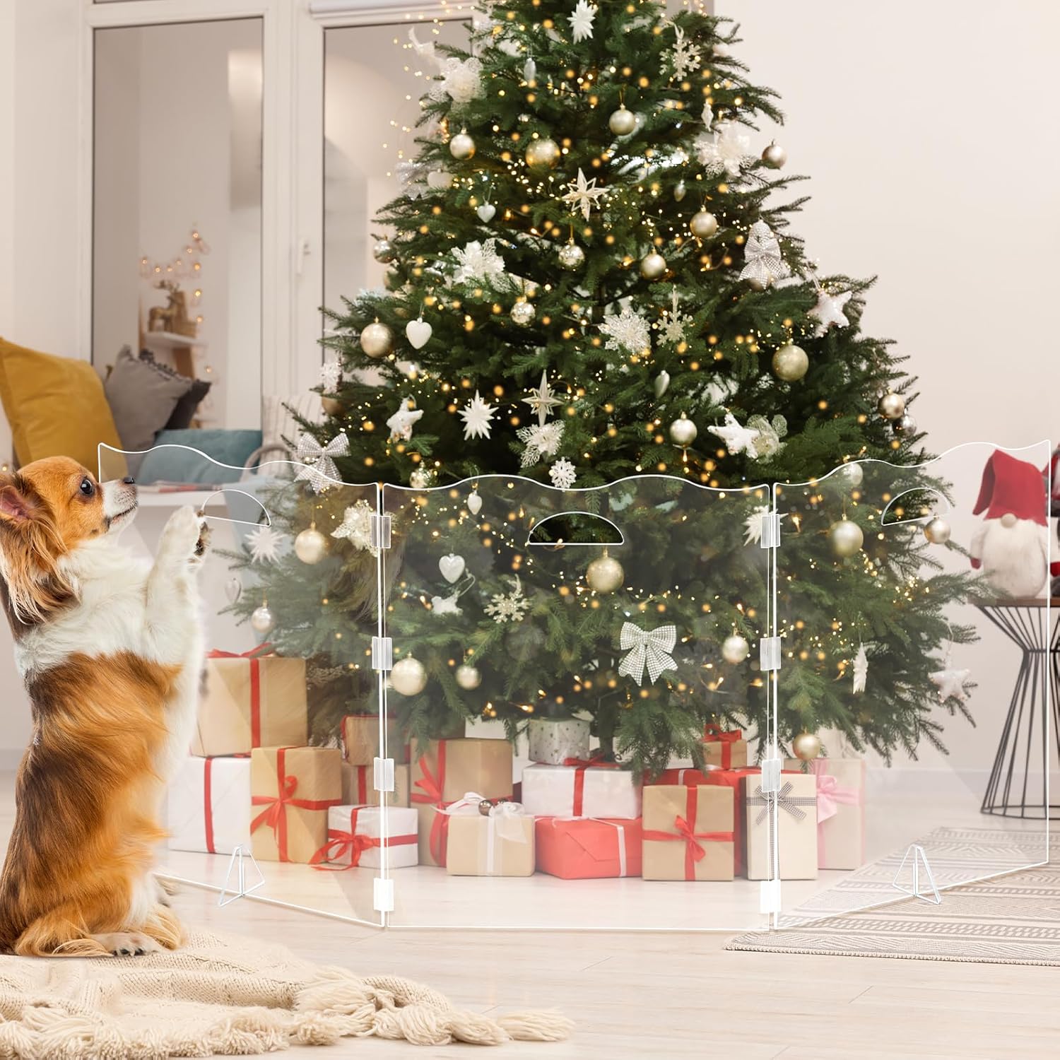 Nuanchu 6 Pcs 118 x 24 Inch Acrylic Christmas Tree Fences Clear Acrylic Dog Gate Foldable Freestanding Pet Playpen for Xmas Tree Pets Kids Party Garden Home Decoration