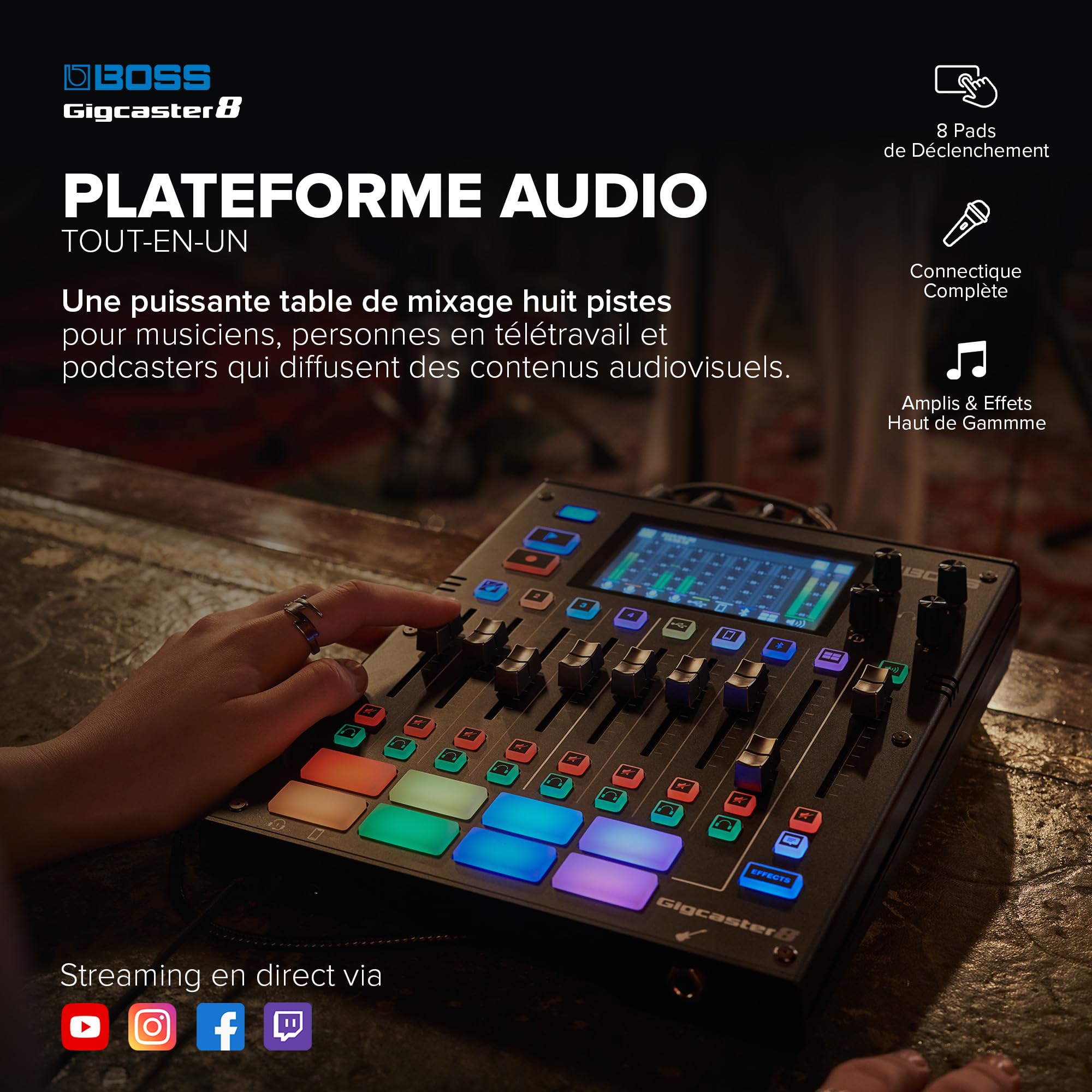 BOSS Gigcaster 8 | Table de mixage 8 pistes pour streaming avec entrée directe guitare/basse | 4 entrées combo XLR/jack | Micro stéréo intégré | 8 pads SFX | Interface audio USB 20x14
