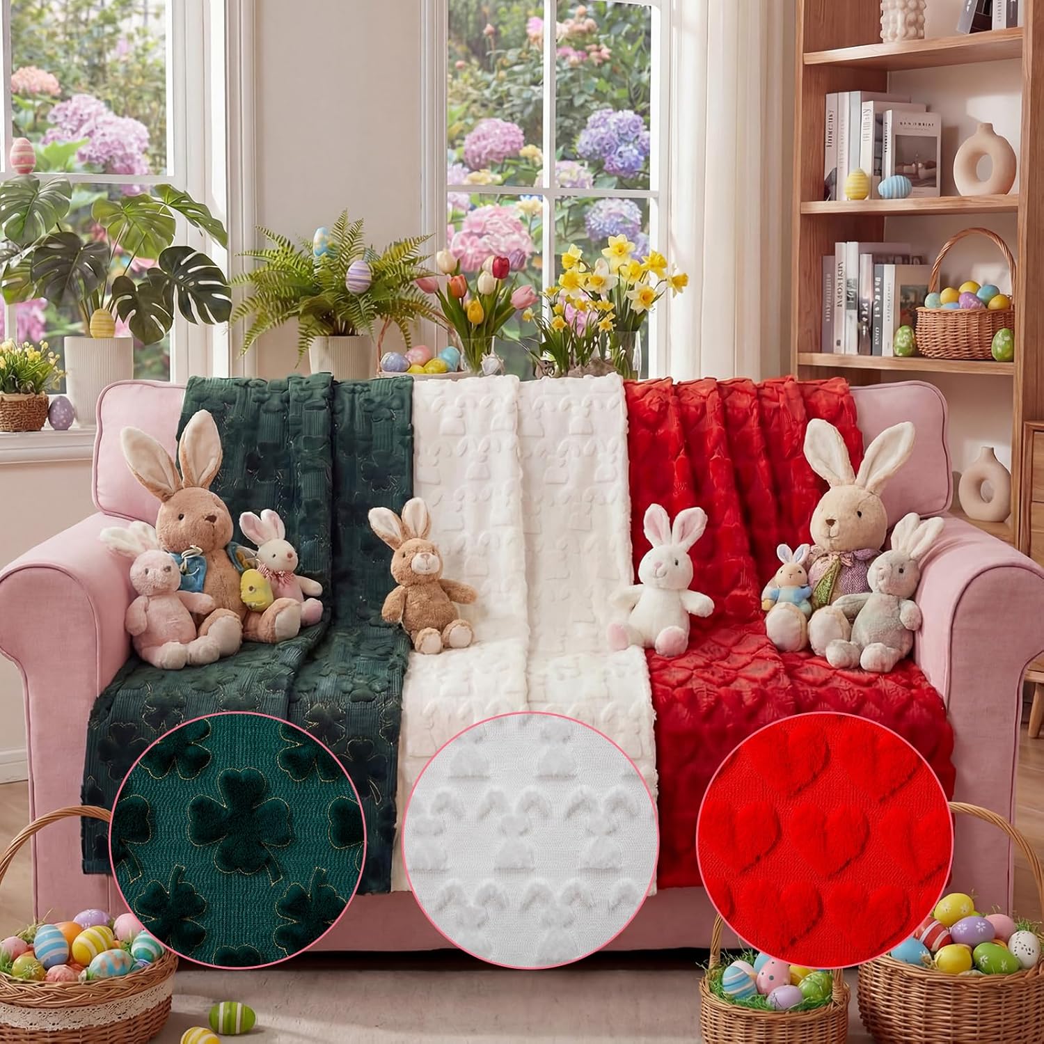 Tudomro 3 Pcs 50"x60" Easter, St Patrick's Day Throw Blanket, Valentine's Day Soft Fuzzy Plush Luxury Spring 3D Embroidered Red Heart Decorative Throw Blanket for Home Bed Sofa Decor Woman Men Gifts