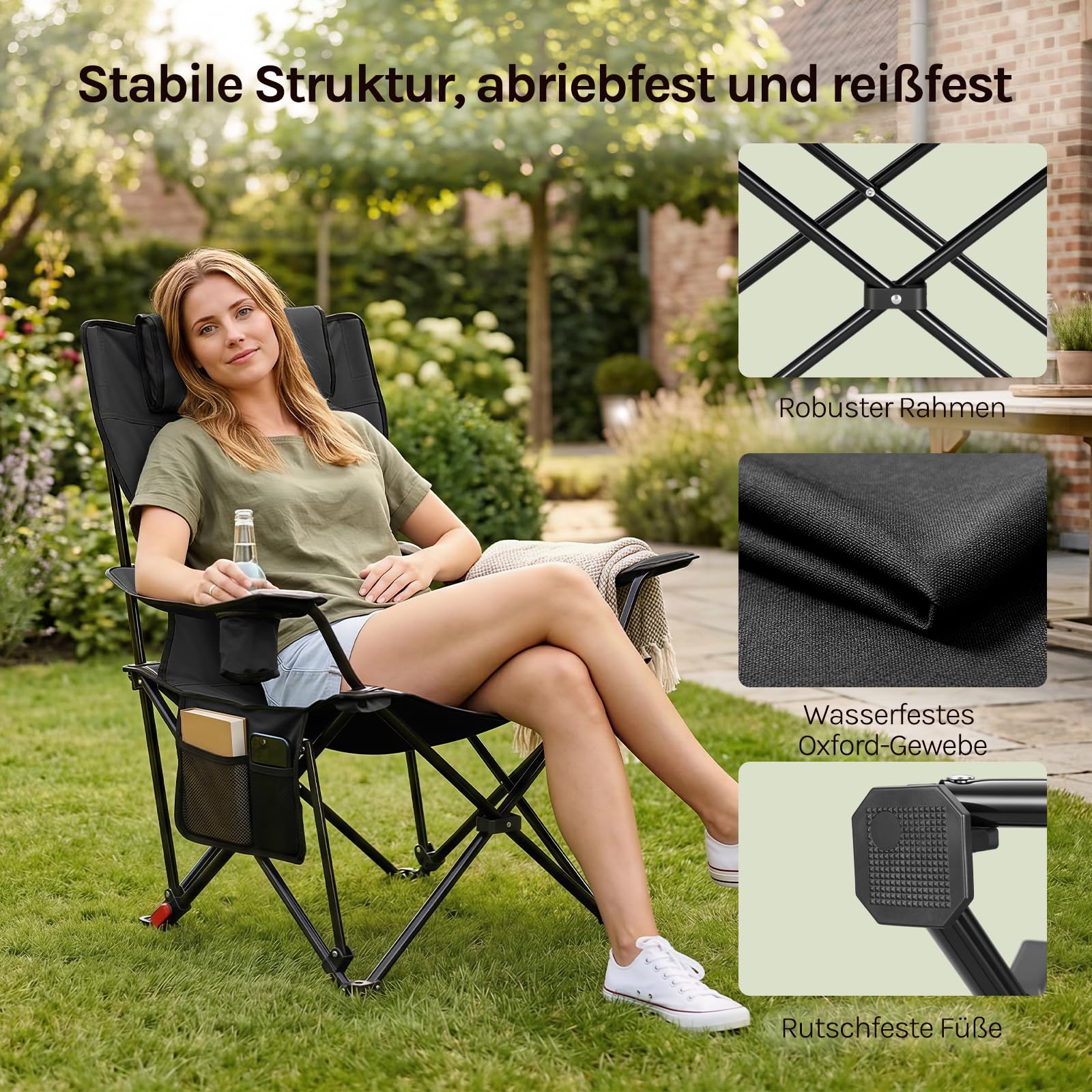 WOLTU Campingstuhl Faltbar 2 Set,Camping Klappstuhl bis 150 kg Belastbar Outdoor Angelstuhl mit Getränkehalter Abnehmbarer Kopfstütze und Seitentasche,für Angeln Picknick und Garten,Schwarz