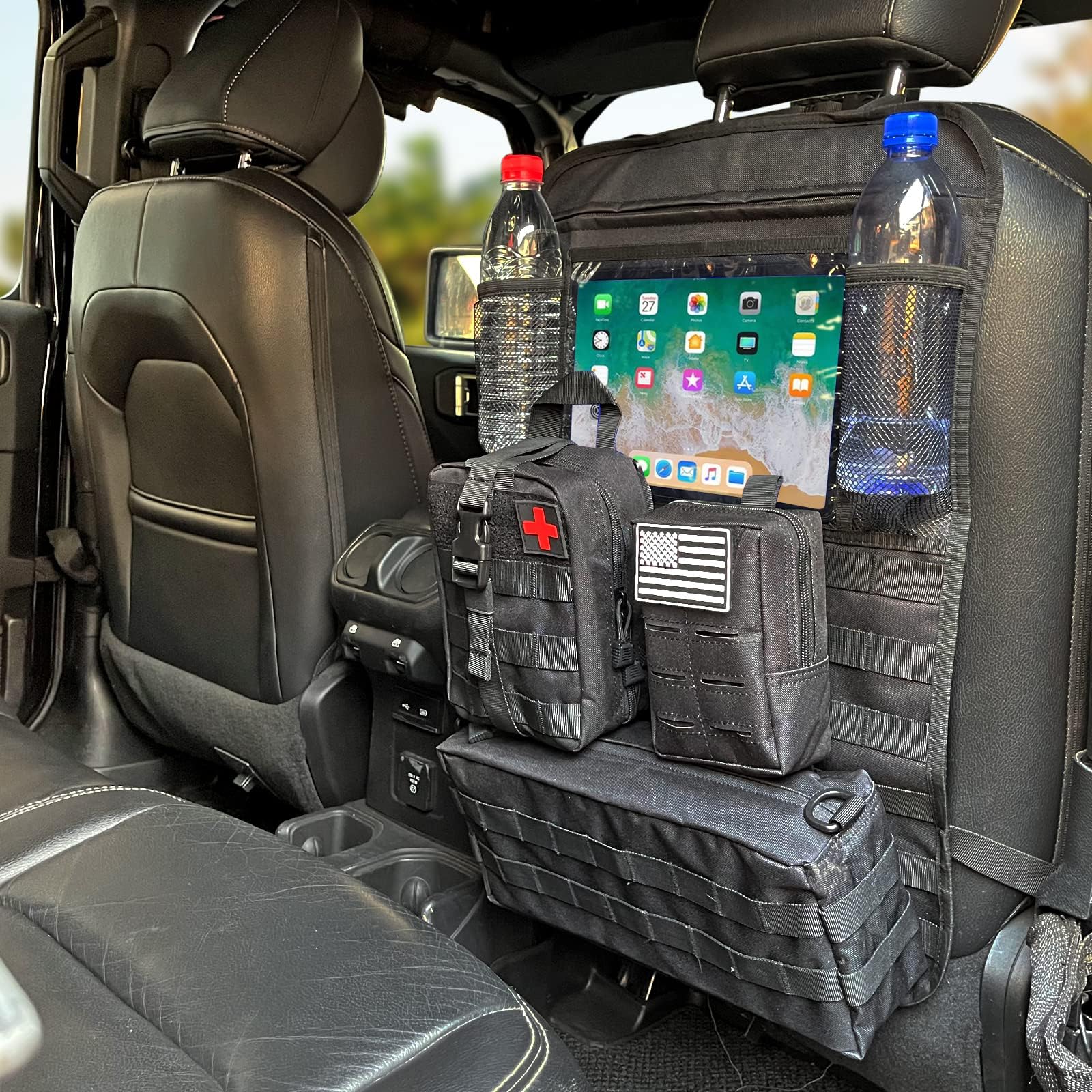 Car Front Seat Back Tactical Storage Bag/Universal Tactical Seat Back Molle Panel with 3 Detachable Molle Pouch for Most of All Vehicle,Such as JK,JL,JT,4XE,Bronco,F150,F250 etc.