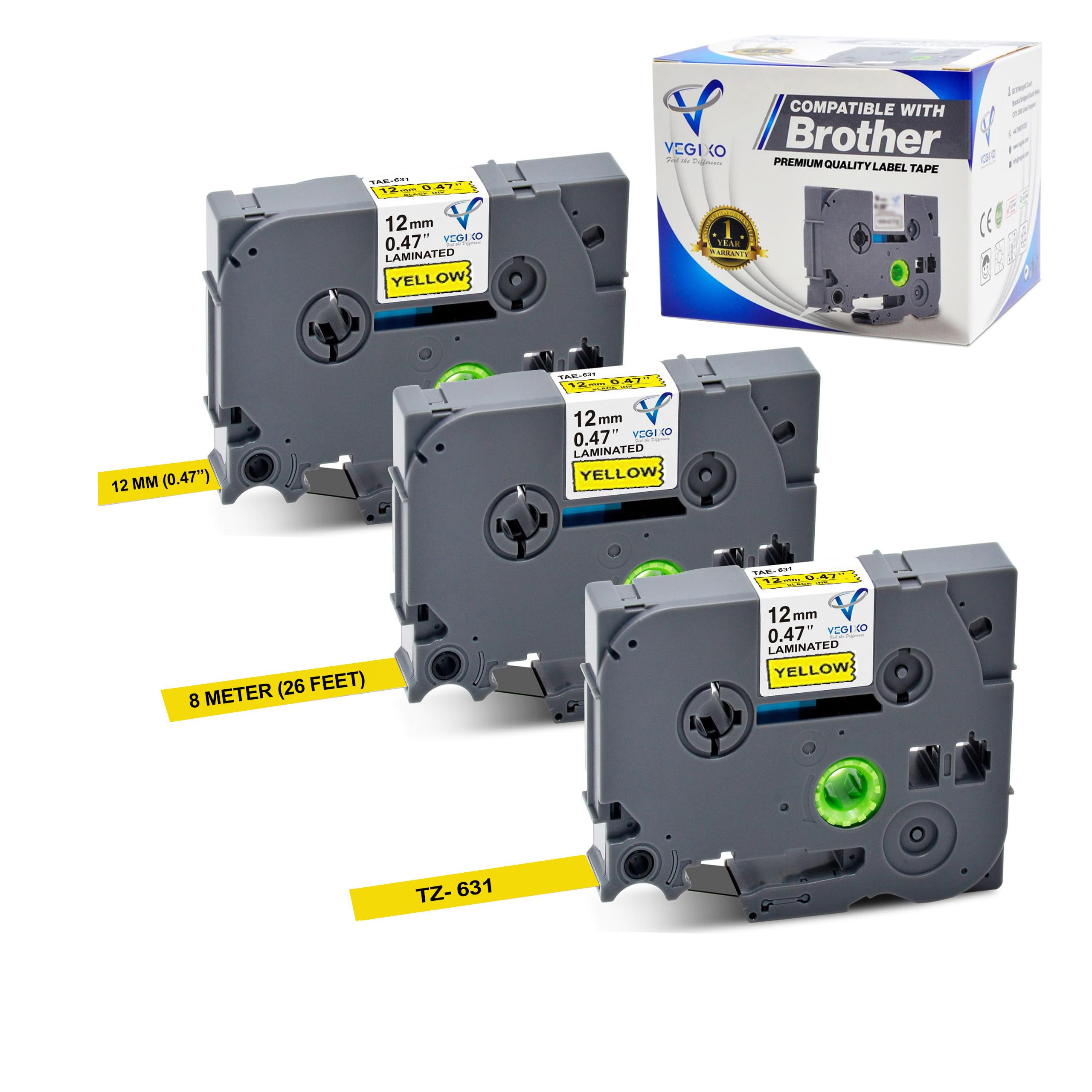 Black on Yellow - 12mmX8m Label Tape Pack 0f 3 -Replacement for Tze-631 & Tz-631 Brother Label Tape, Compatible with Brother P-Touch Label Maker PT- H110 PT- D210 PT-E500, PT-1090, PT-1190