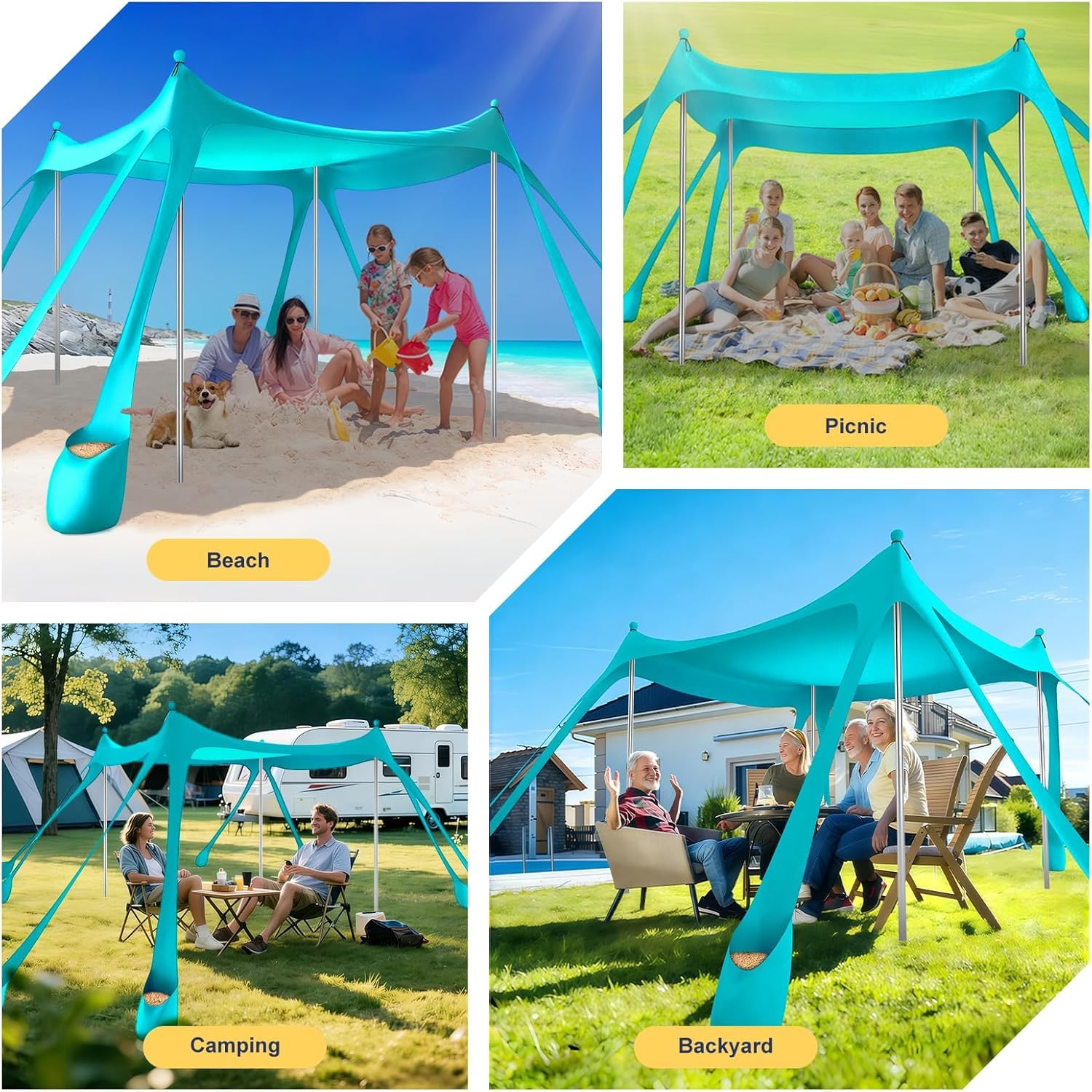Namiot plażowy UPF 50+, 3 x 3 m, daszek plażowy, daszek plażowy Pop-Up z 8 workami na piasek, ochrona przed słońcem, na kemping, do wędkowania (turkusowy)