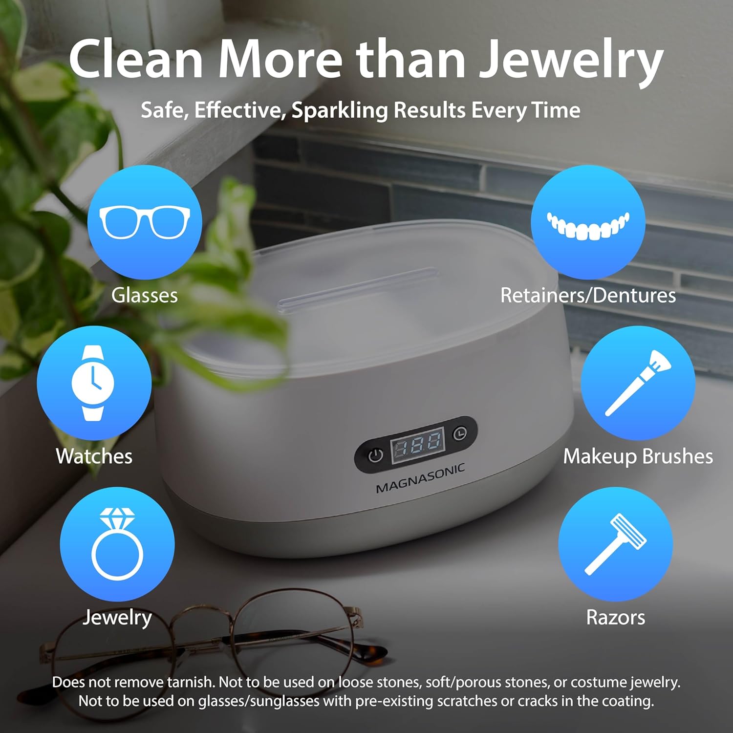 Image showing various items that can be cleaned with the Magnasonic Ultrasonic Cleaner, including glasses, retainers/dentures, watches, makeup brushes, jewelry, and razors.