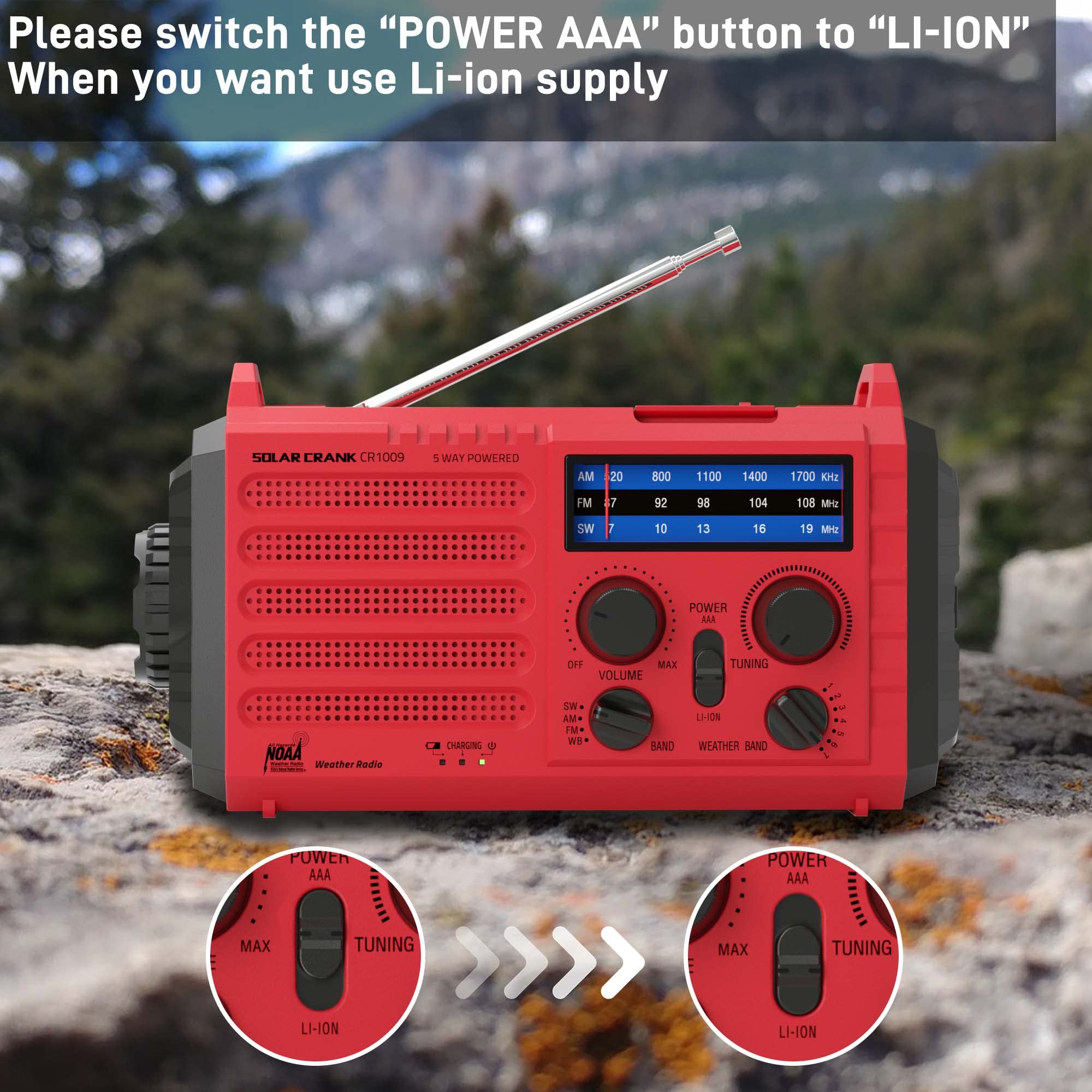 Radio awaryjne z korbą, solarne, przenośne radio, wodoszczelna lampa LED Dynamo, powerbank, radio AM/FM/SW i alarm, energia słoneczna, korbka na baterię