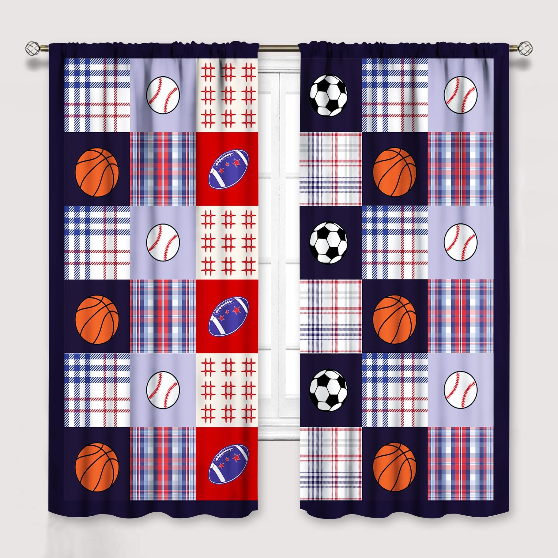 YCness Basketball Curtains for Boys Bedroom Decor,Blue Red Navy Football Soccer Baseball Sports Window Treatment Set for Kid Teen Living Room Nursery 2 Panel Sets,52x84 Inch