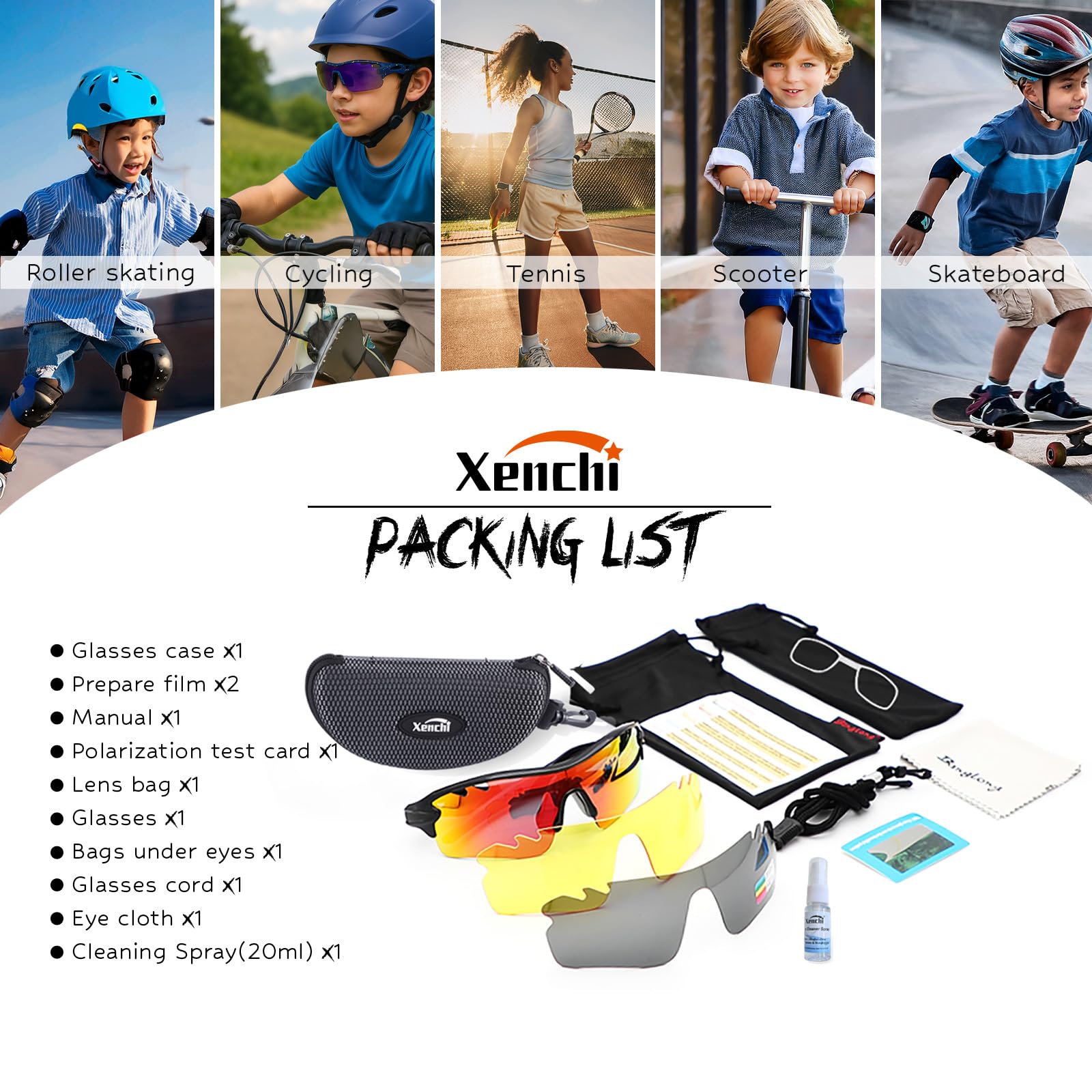 Kinder Fahrradbrille Alter 8-12 Jahre Polarisierte Sportsonnenbrille UV400 Schutz 3 Gläser Leicht