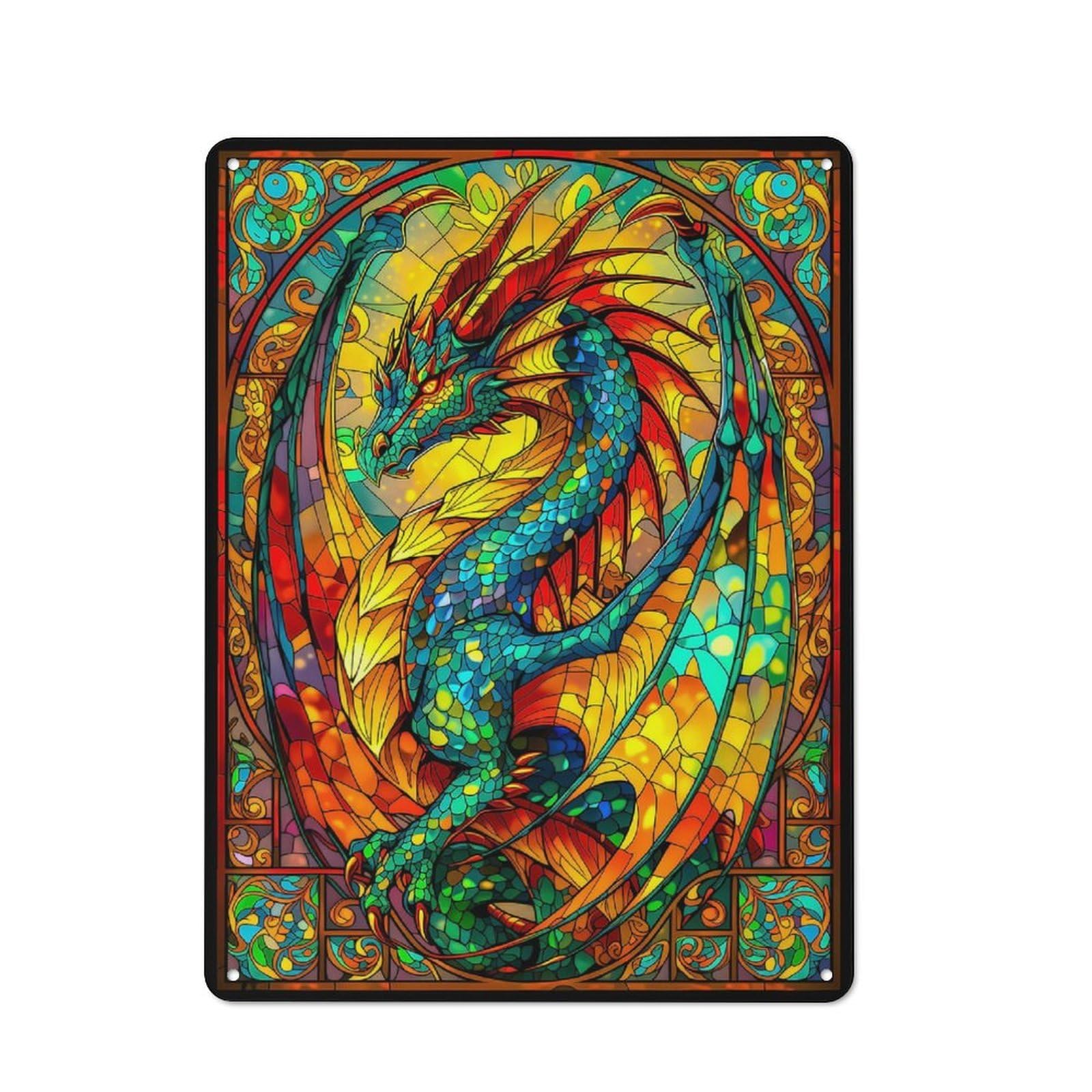 Junmoney Style-5 Tin Wall Plaque 40X30cm With Stained Glass Dragon For Hallway Wall, Suited To Hallway Decor Lovers, For Retro Home Interiors