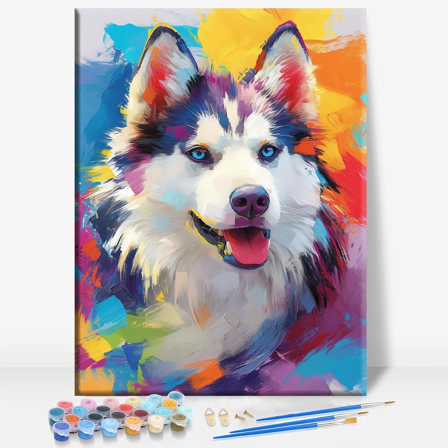 HUINORYA Husky POP Art Husky Dog Framed Canvas DIY Paint by Numbers Kit Bar Cafe Cave Home Room Wall Bathroom Porch Patio Decor Gift, 16 x 12 Inch