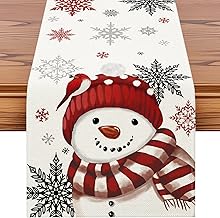 Artscope Table Runner for Christmas, 40 x 180 cm, Christmas Theme Decorations for Dining Table Kitchen Parties Farm (Snowflakes and Snowman - Red)