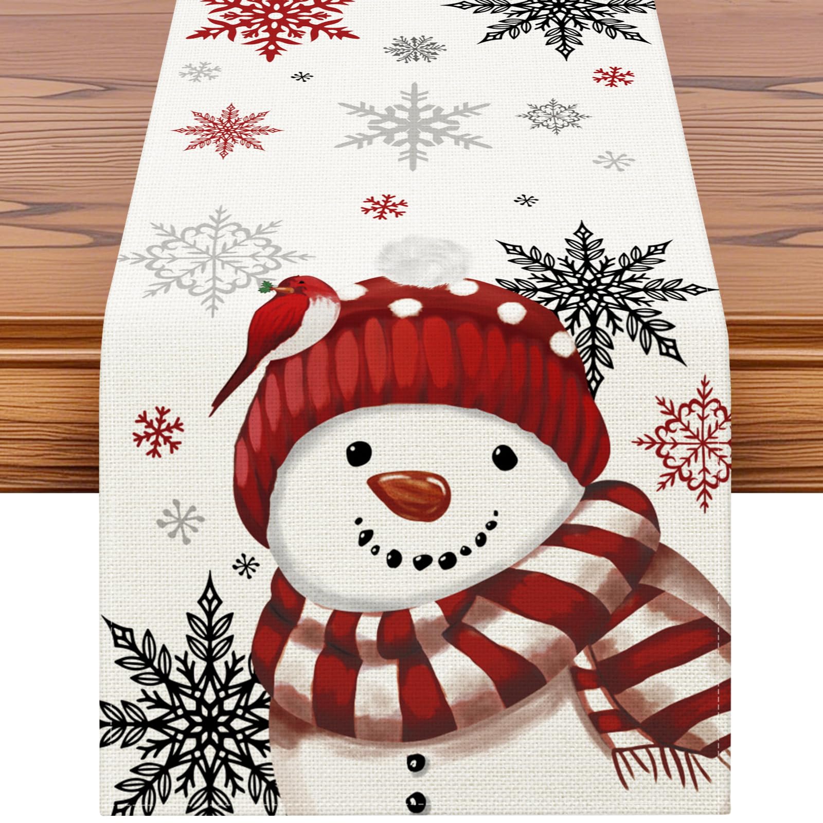 Artscope Snowflakes and Red Snowman Christmas Table Runner, Xmas Seasonal Winter Holiday Kitchen Dining Table Decoration for Home Party Decor 40x100cm